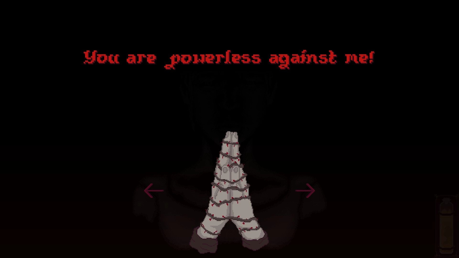 Blood Of The Lamb: Praying hands wrapped in thorns with red text on dark background, medieval horror setting