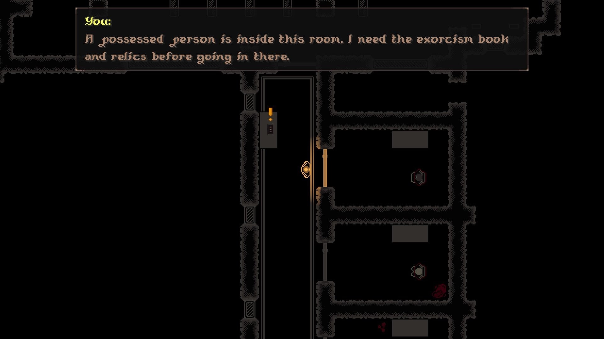 Blood Of The Lamb: Character outside dark room needing exorcism book and relics in medieval corridor