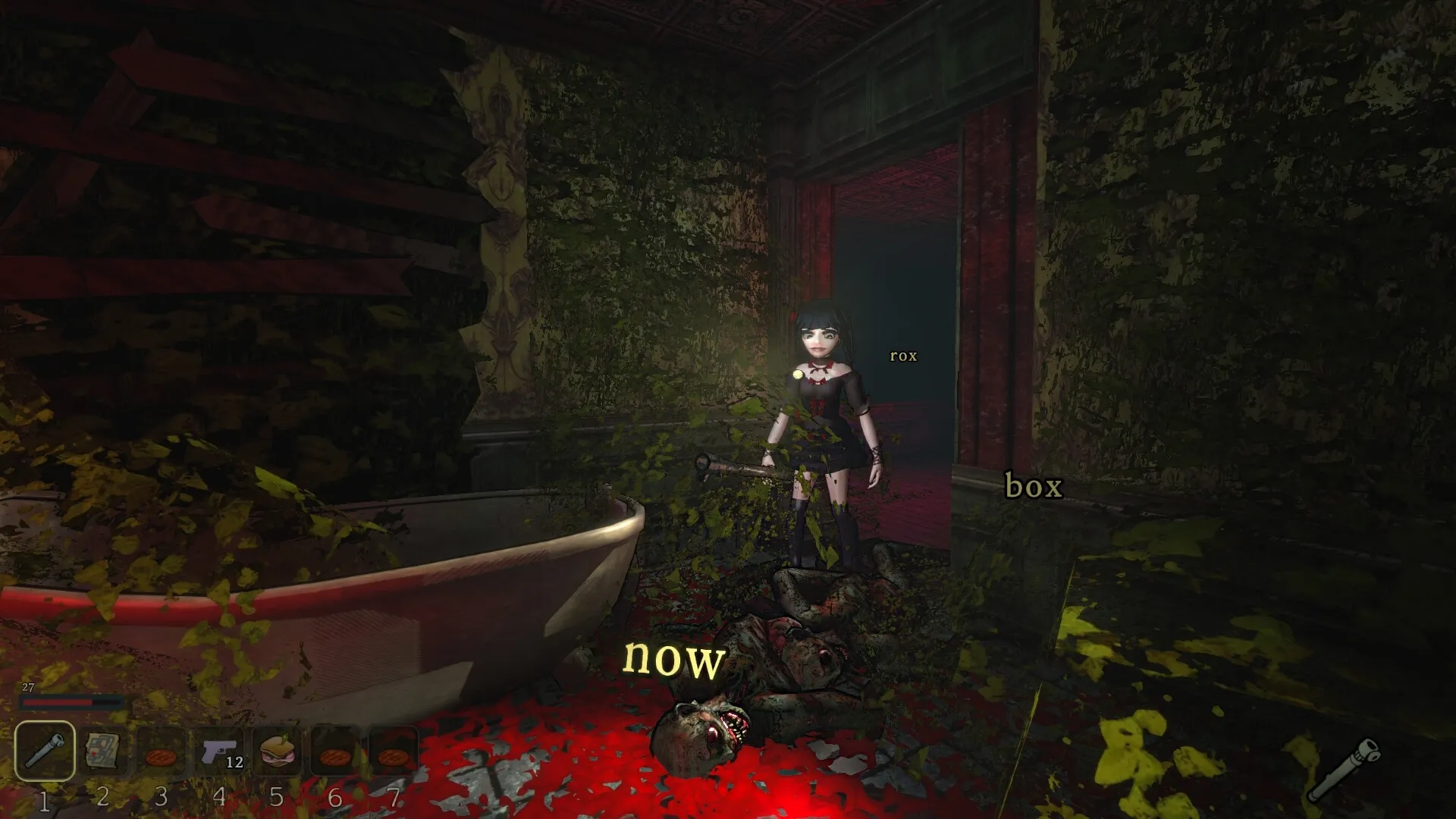 Blood Typers: Character Rox stands in a decayed hallway with a bat, near a bloodied zombie corpse.