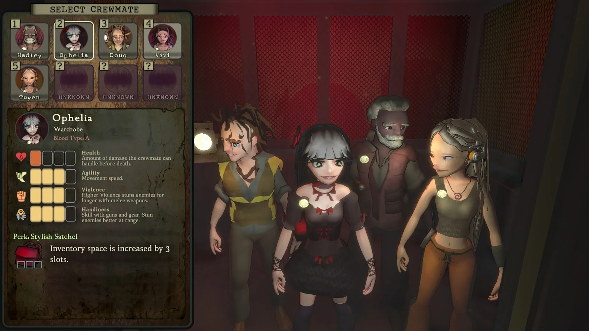 Blood Typers: Character selection screen with Ophelia and crewmates in dimly lit studio environment