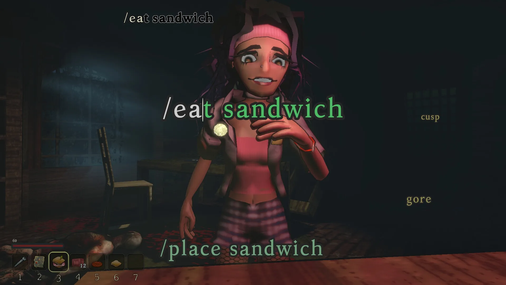 Blood Typers: Character commands to eat or place sandwich in a dimly lit room with scattered items.