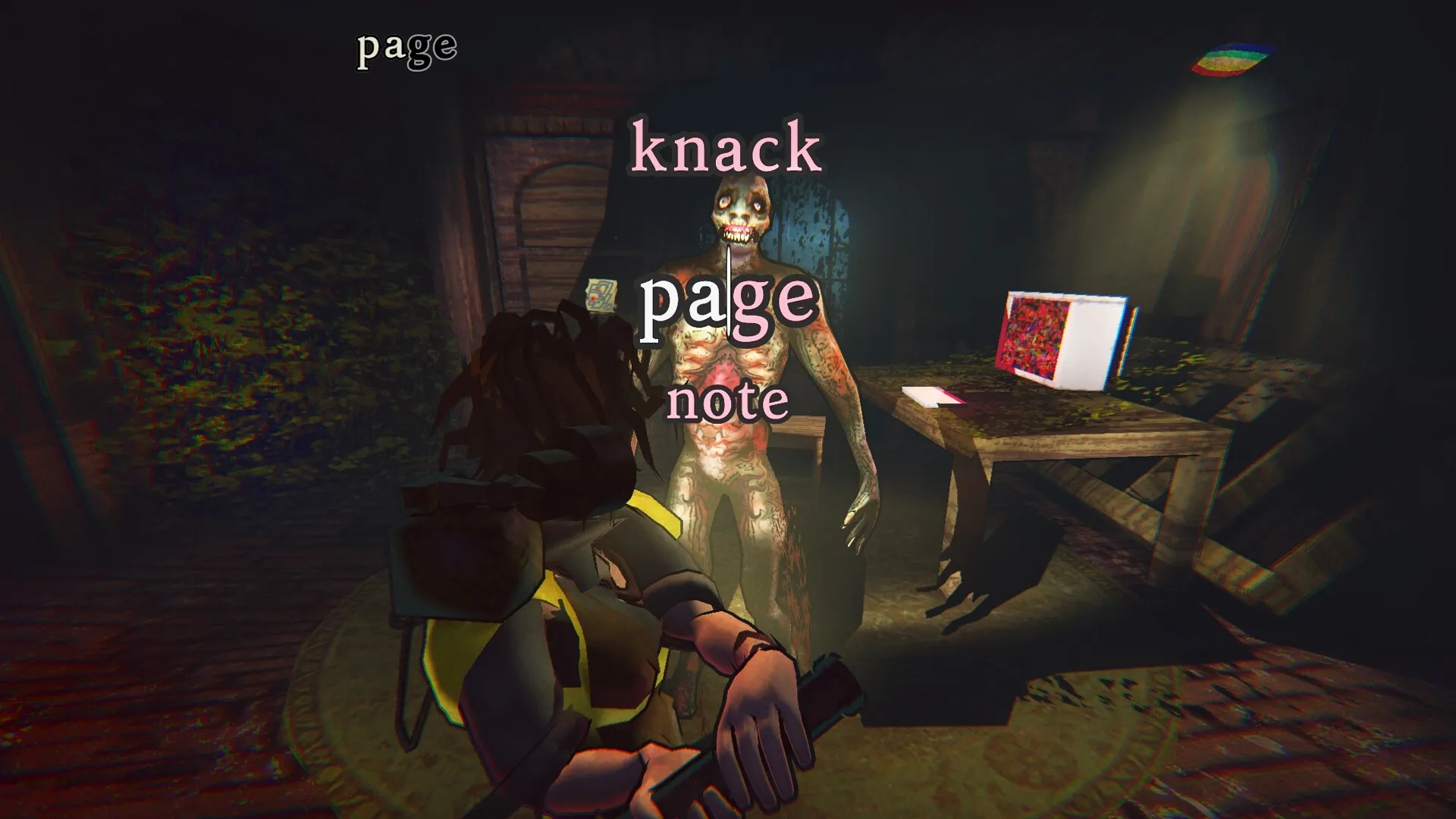Blood Typers: Player faces monster in dim room with words to type above eerie figure