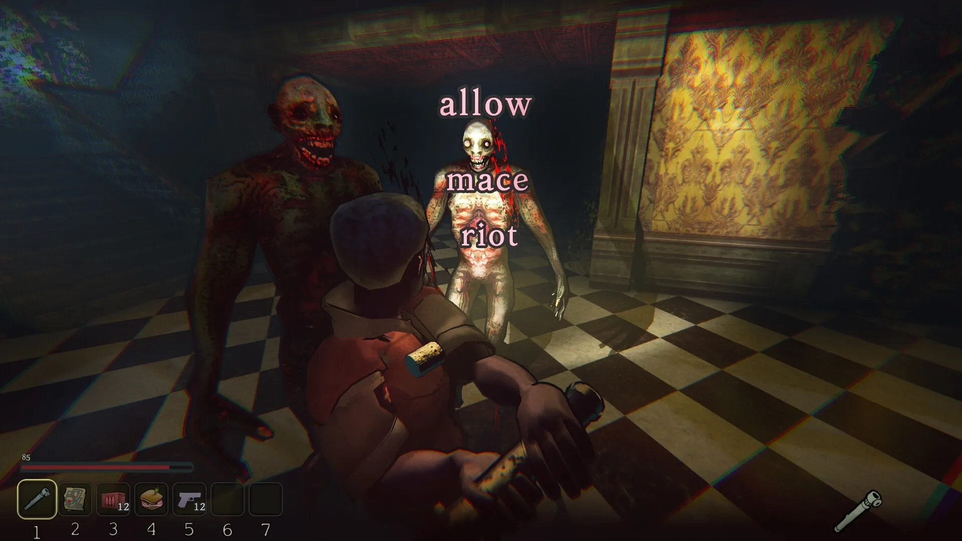 Blood Typers: Player confronts two zombies in a dim hallway with typing prompts above their heads