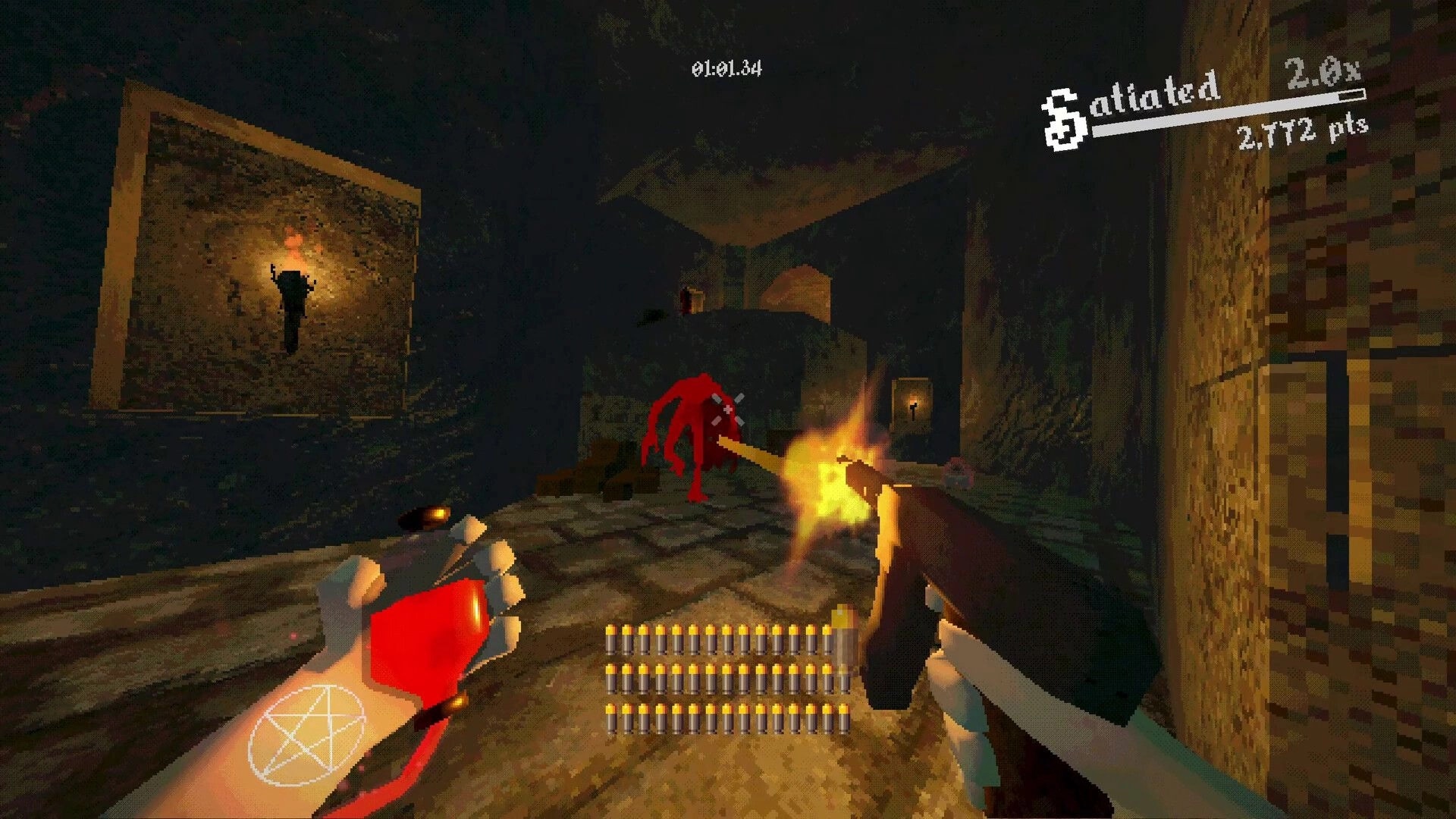 Blood Vial: Player shoots red demon in dark catacomb while health vial and ammo count are visible