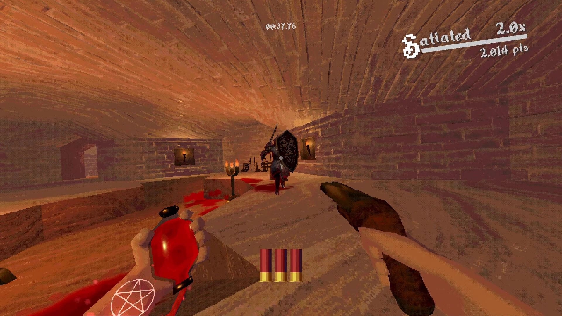 Blood Vial: Player holds gun and blood vial, facing armored enemy in torch-lit brick corridor.