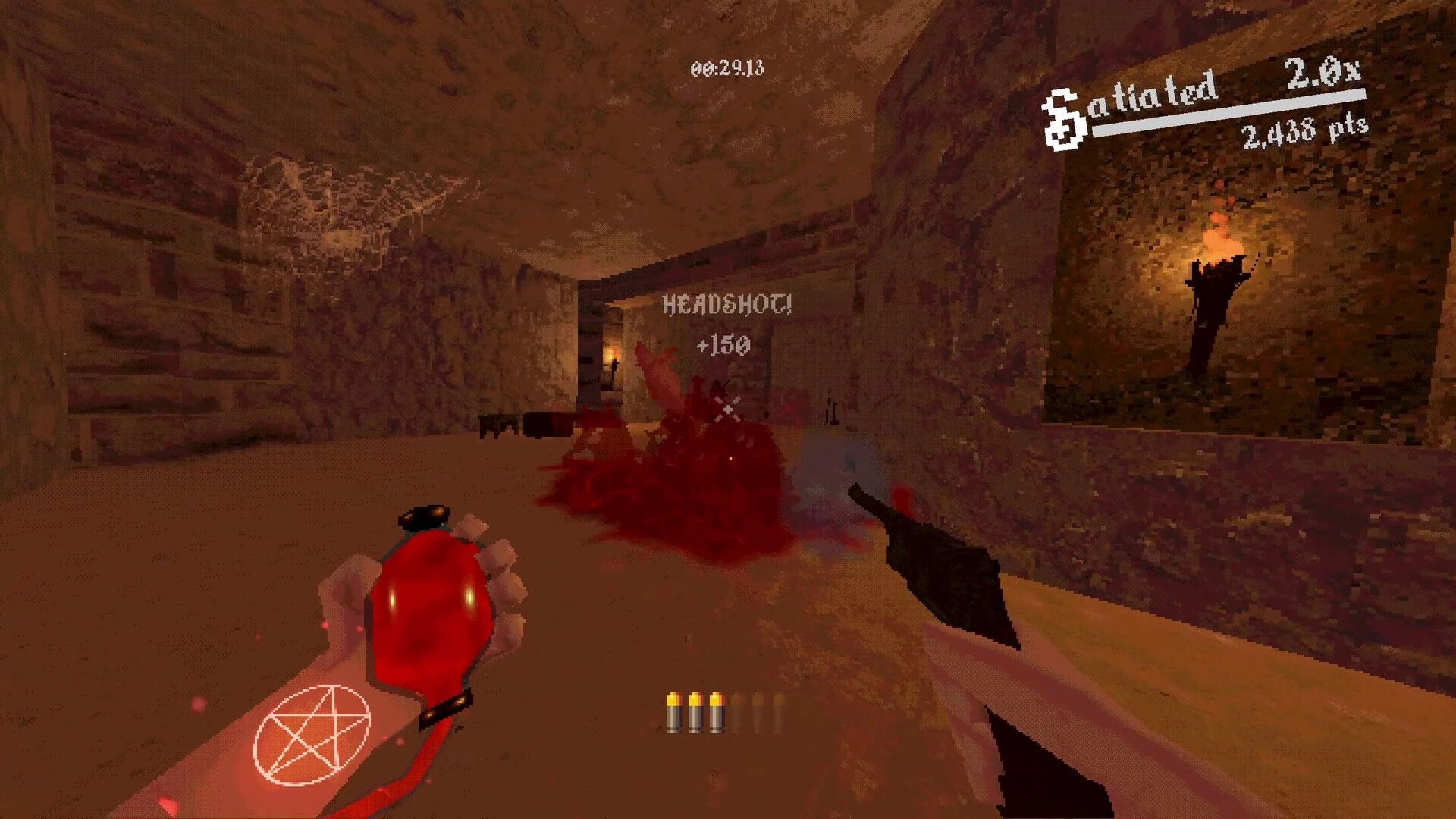 Blood Vial: First-person view shooting enemy in dimly lit crypt, with HUD showing health and score.