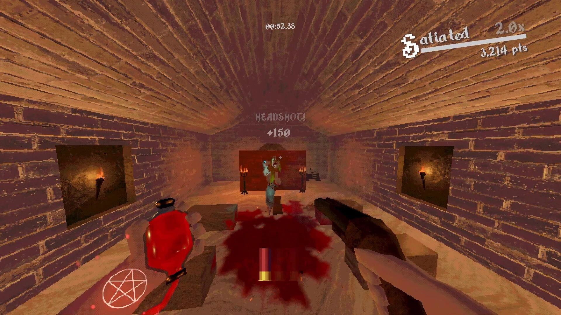 Blood Vial: First-person combat as player scores headshot in dimly lit brick corridor with torches.