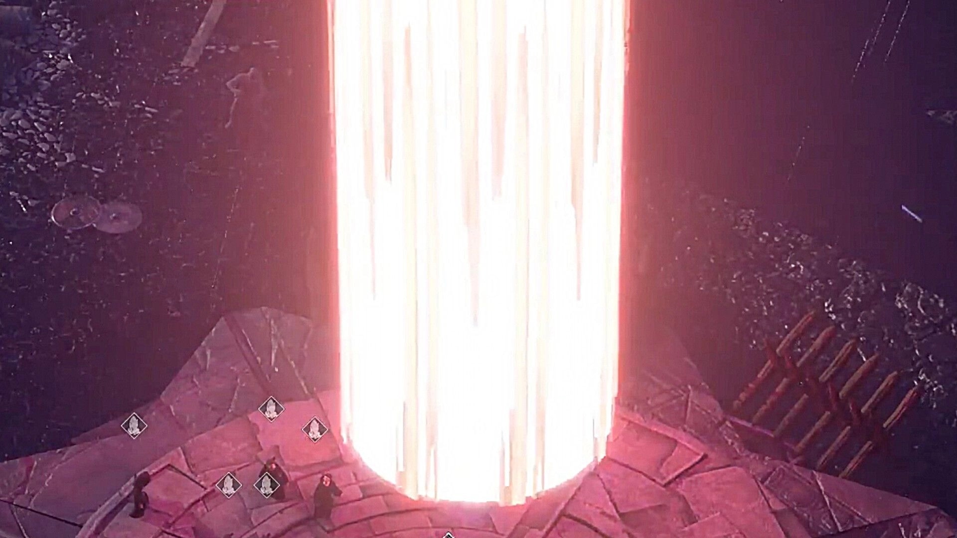 Blood Vow: Players surround a glowing light pillar on a stone platform, readying for battle in darkness.