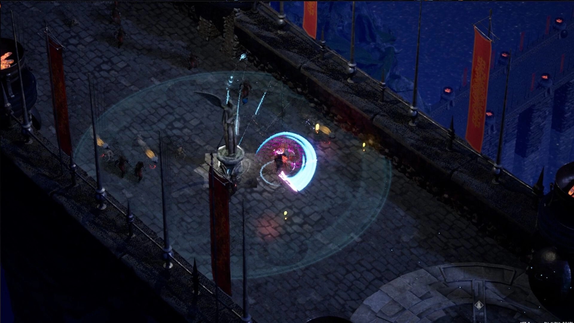 Blood Vow: Player battles enemies near a winged statue on a stone bridge, glowing sword in hand