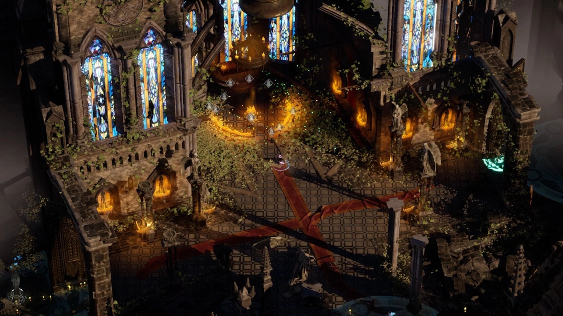 Blood Vow: Character in ancient cathedral with stained glass, glowing runes, and overgrown foliage
