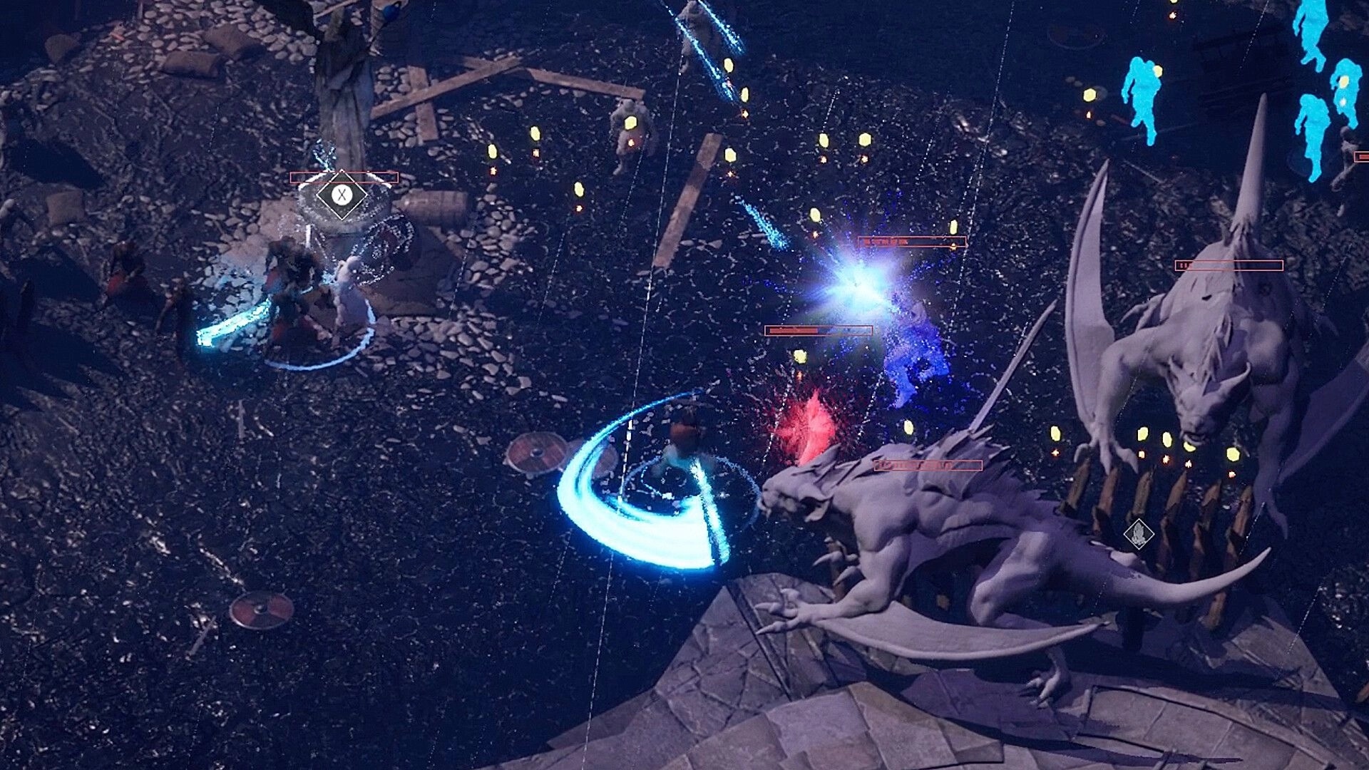 Blood Vow: Player battles stone gargoyles using magic sword in dark, rain-soaked village setting