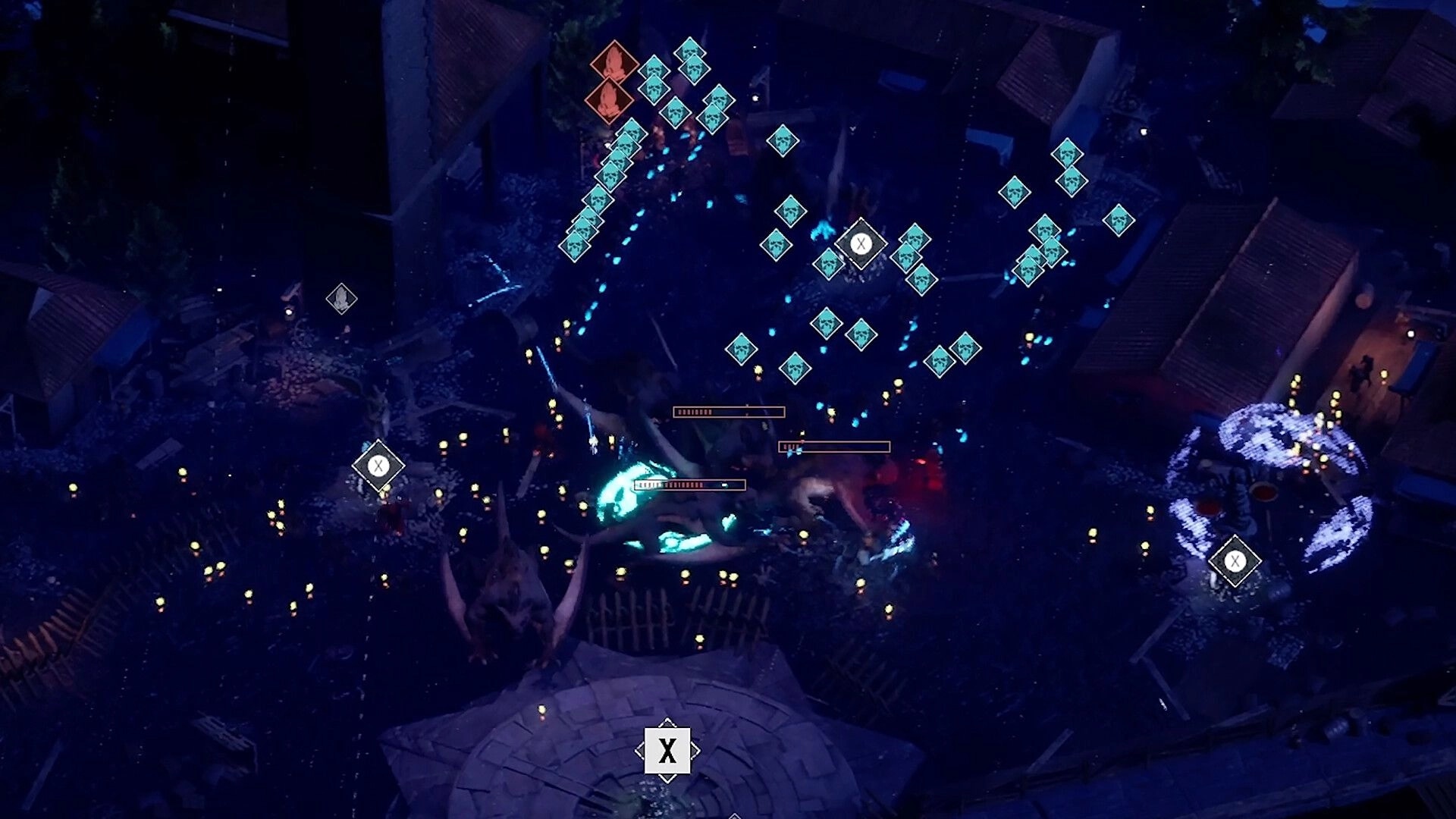 Blood Vow: Overhead view of village as player defends against glowing enemy hordes in night setting
