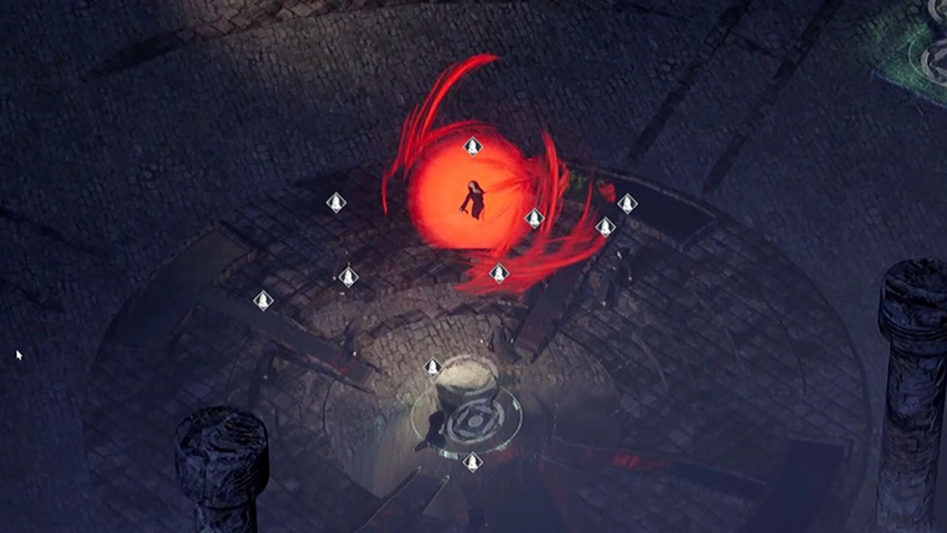 Blood Vow: Player surrounded by red aura in circular stone arena with multiple enemy indicators visible