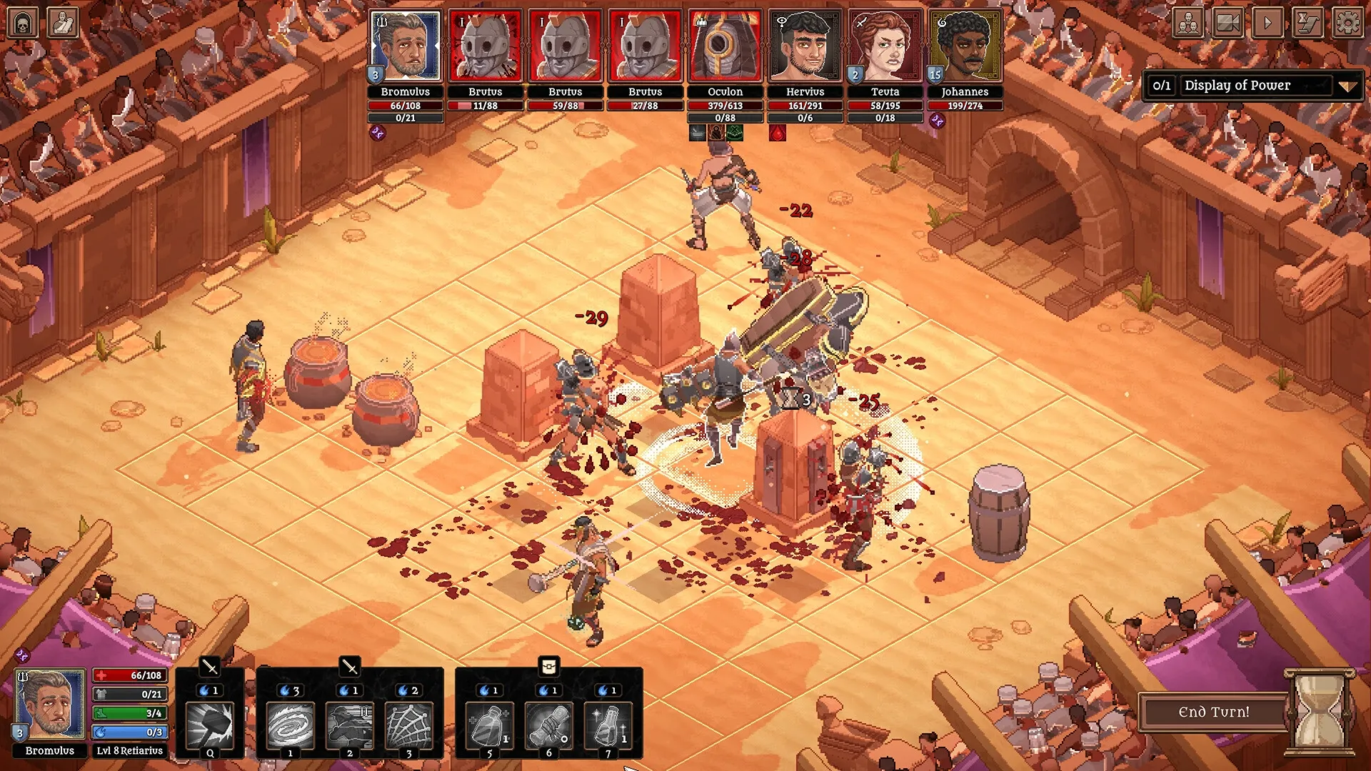 Bloodgrounds: Gladiators fight in a sandy arena with visible health bars and skill icons on the UI.