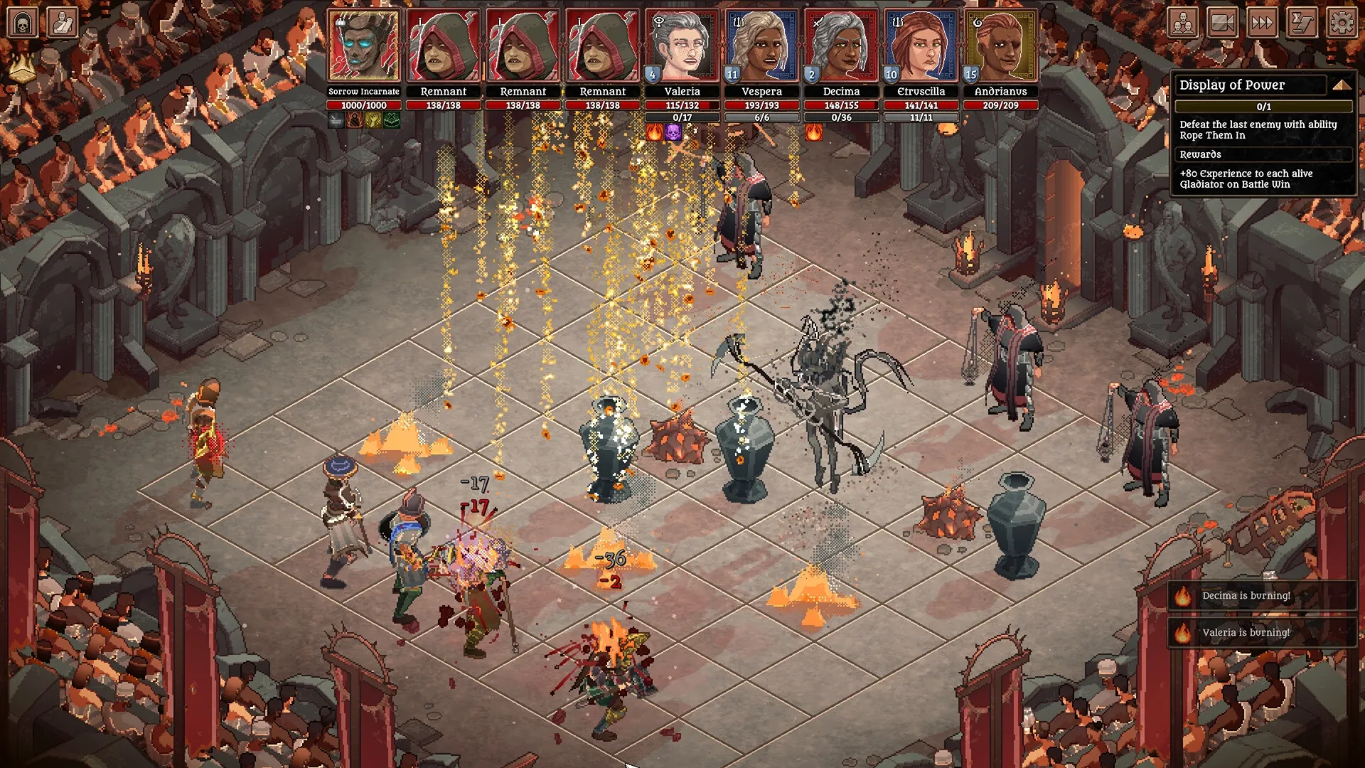 Bloodgrounds: Intense arena battle with gladiators and enemies amidst fire effects and strategic UI elements