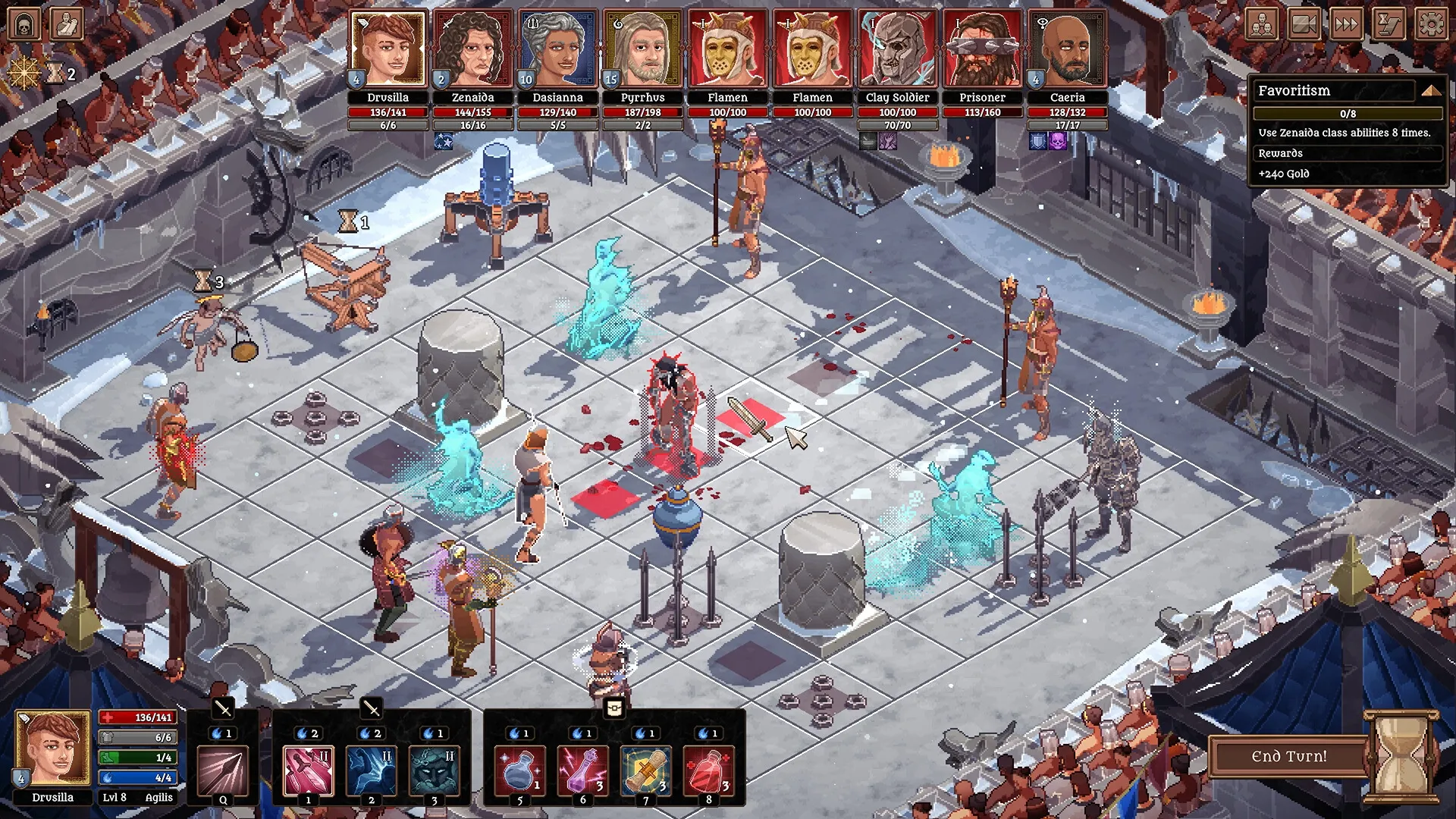 Bloodgrounds: Tactical gladiator combat on grid with character health bars and abilities in snowy arena