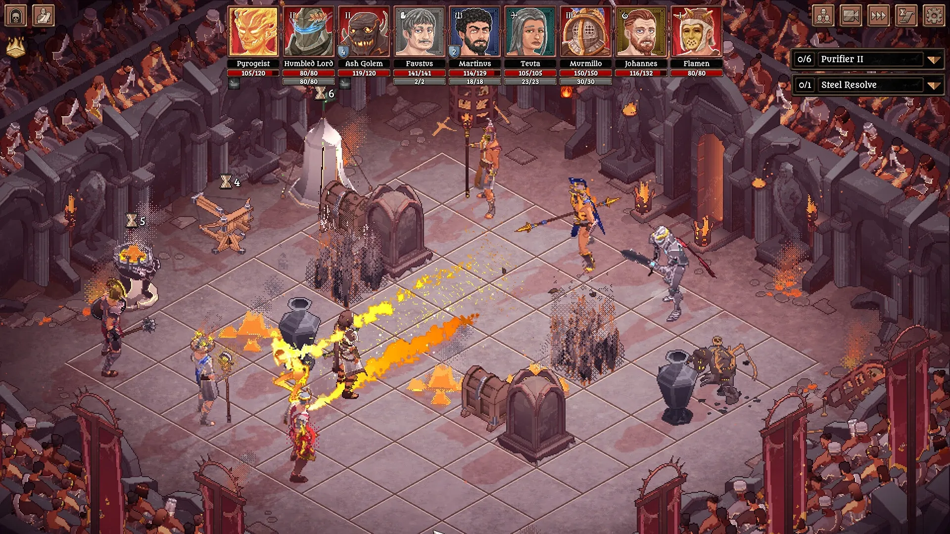 Bloodgrounds: Gladiators battle in arena with strategic grid layout and fiery magic attacks