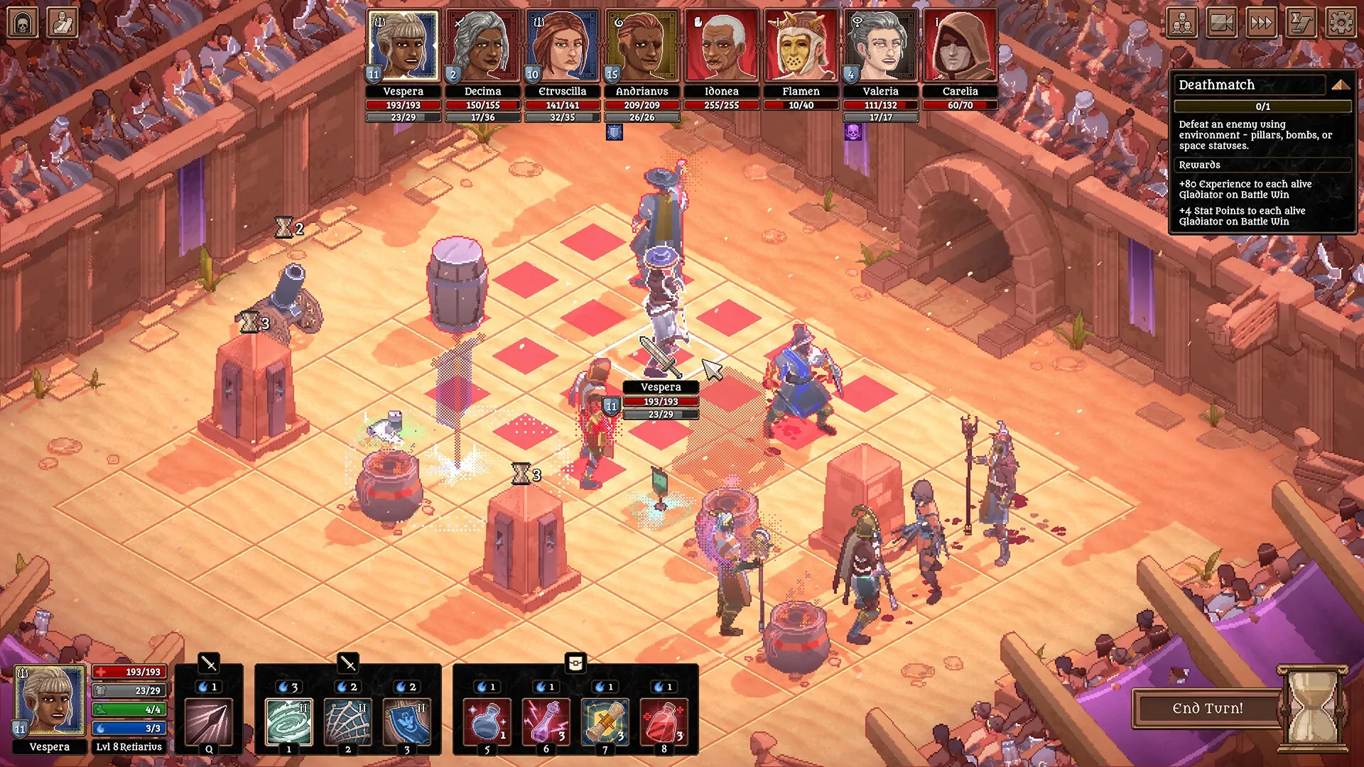 Bloodgrounds: Vespera leads a turn-based battle in a gladiator arena with detailed character stats.