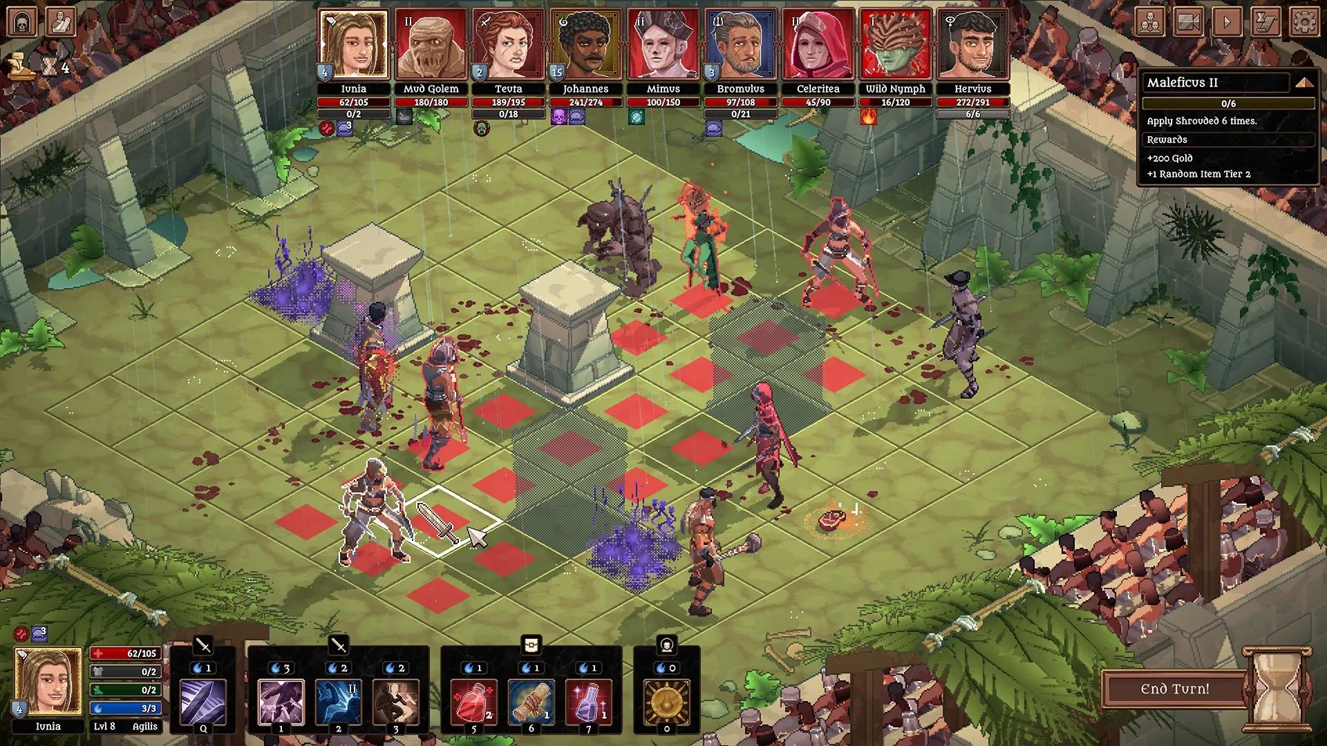 Bloodgrounds: Tactical turn-based combat with characters Ivinia and Hervios in a stone arena environment.