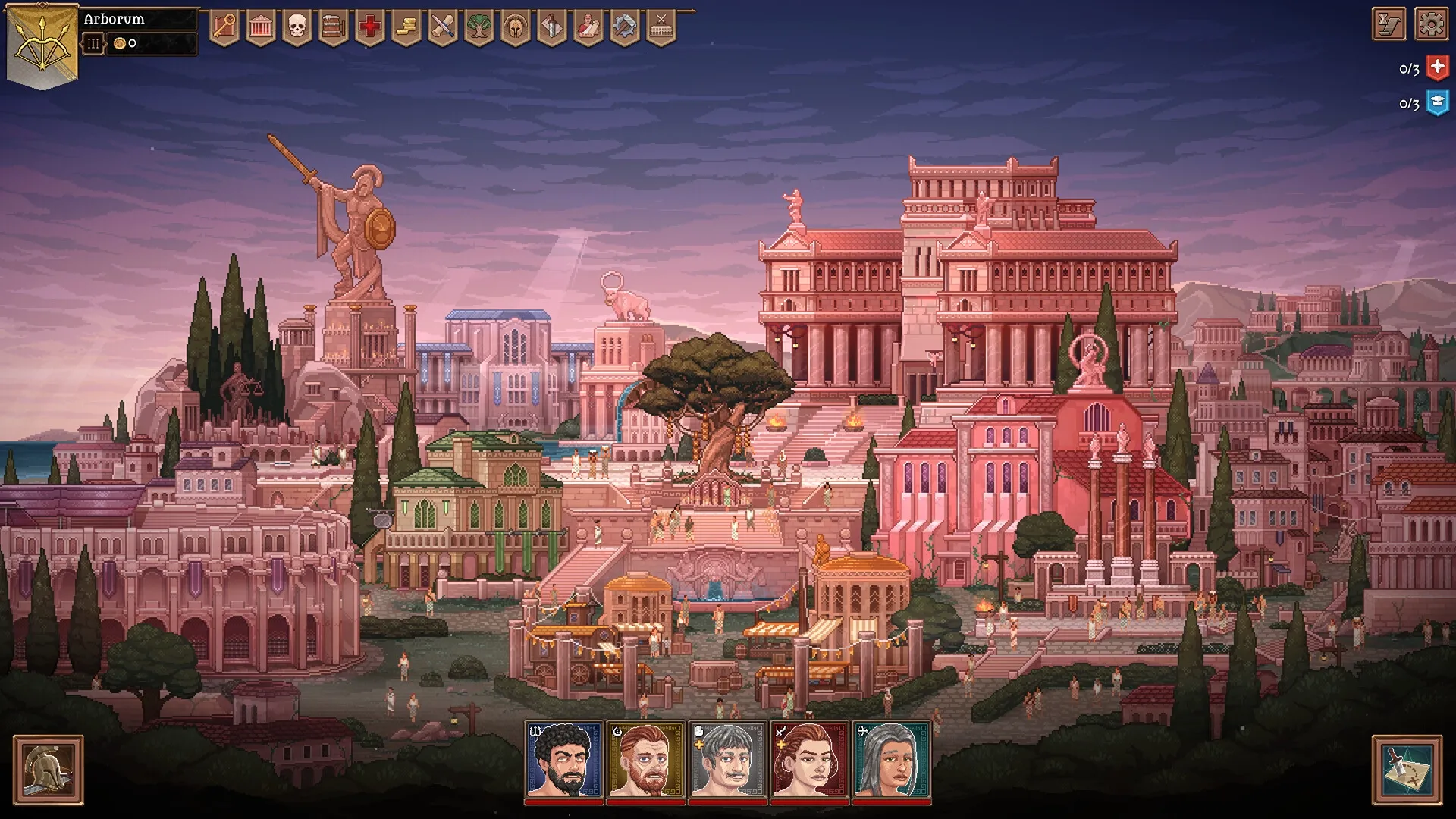 Bloodgrounds: Cityscape of Arborum with a statue, temple structures, and character portraits below