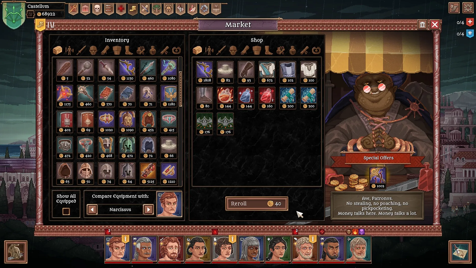 Bloodgrounds: Market interface with inventory and shop items, featuring special offers and a vendor character.