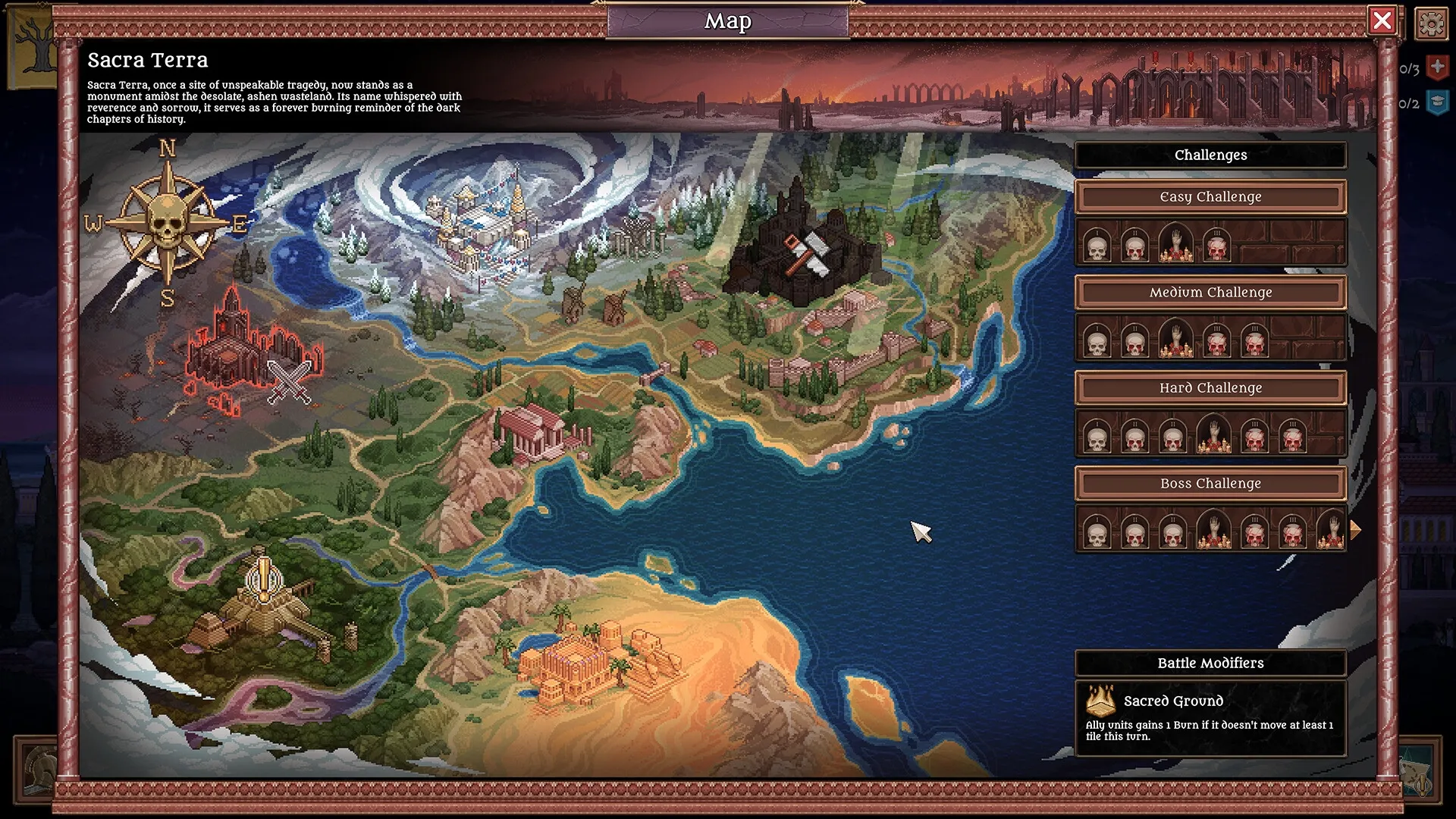 Bloodgrounds: Detailed world map with various regions, challenge options, and battle modifiers displayed