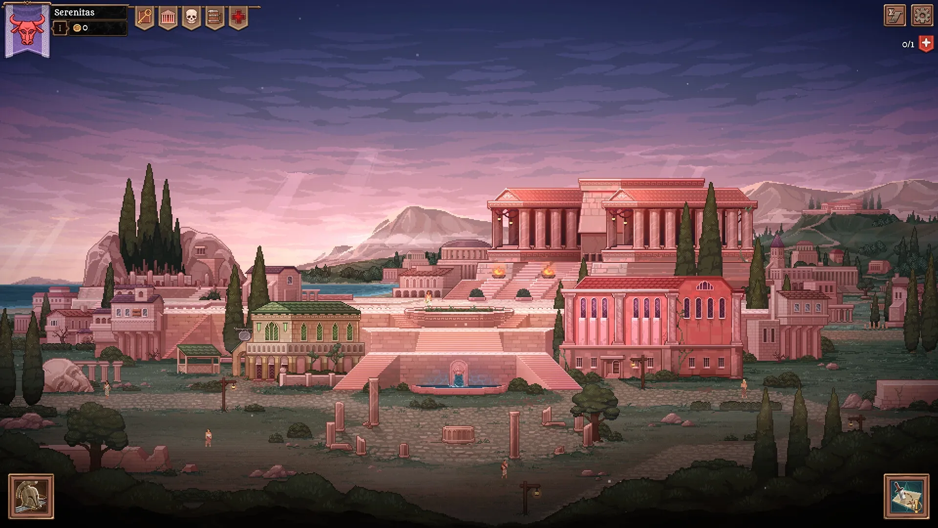 Bloodgrounds: Serene cityscape with ancient architecture and a lush landscape in the evening light