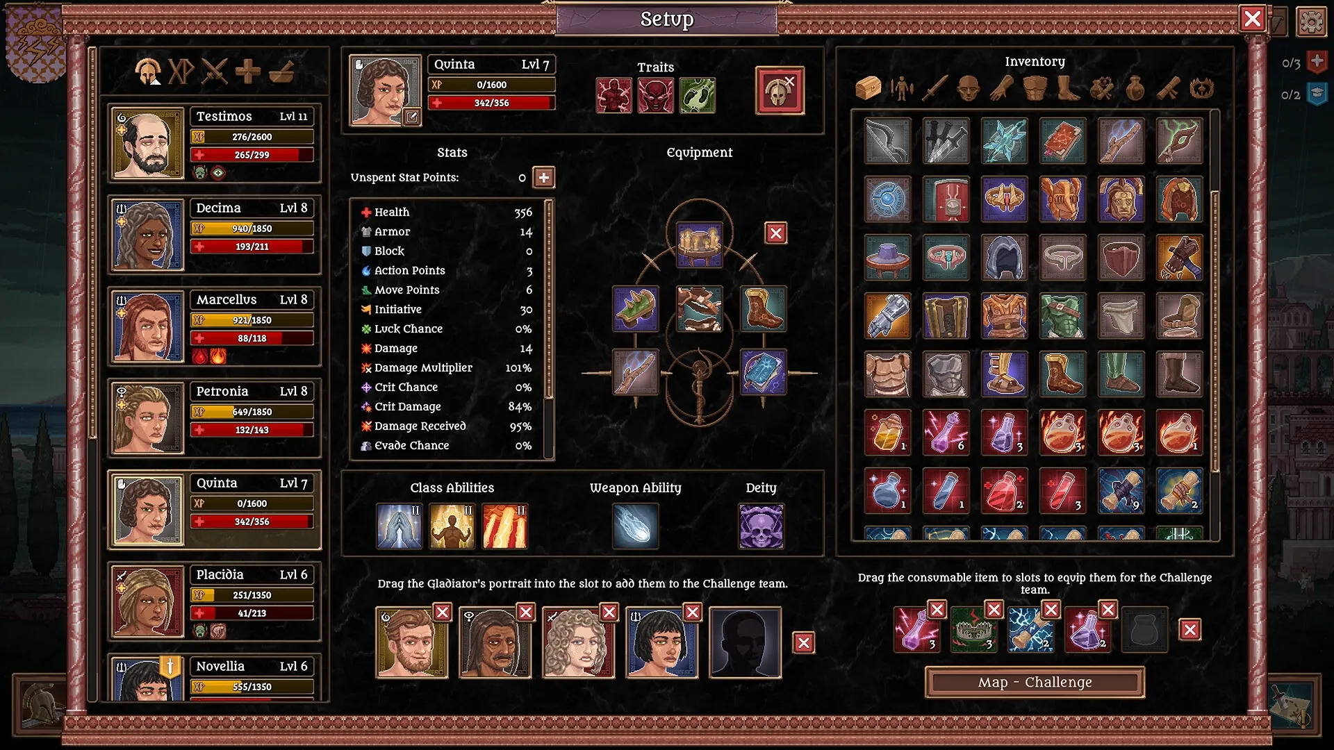 Bloodgrounds: Character setup interface with stats, equipment, and inventory management options displayed