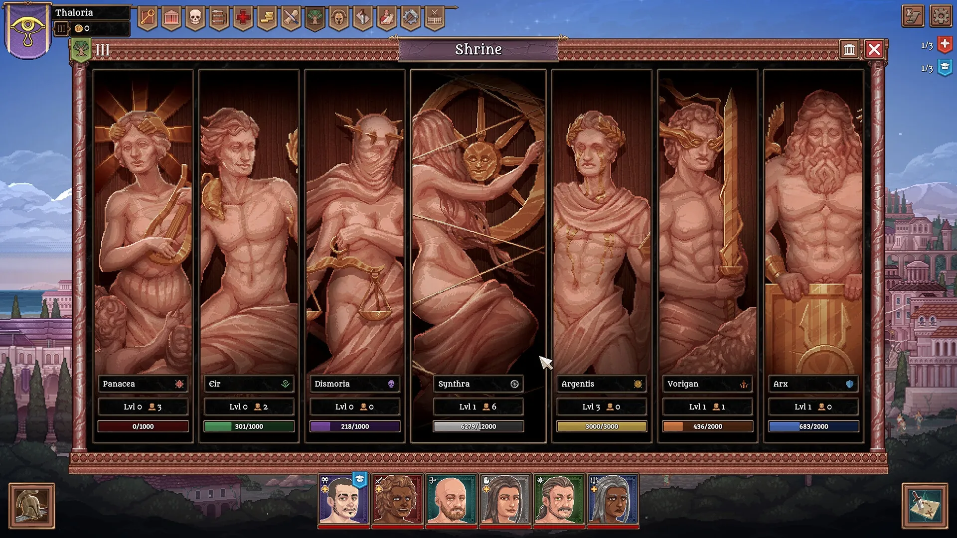 Bloodgrounds: Six deity statues with levels and experience bars in a shrine setting, characters below