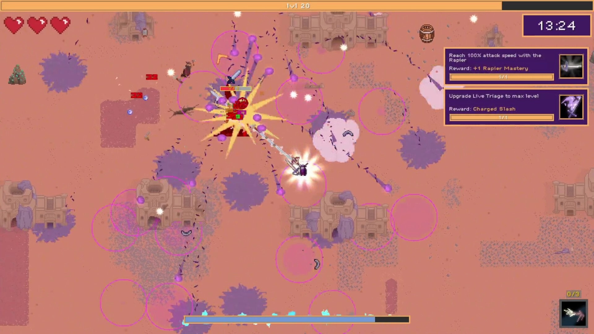 Bloodmoon Survivors: Lunar Knight battles enemies with energy blasts in a desert wasteland setting.