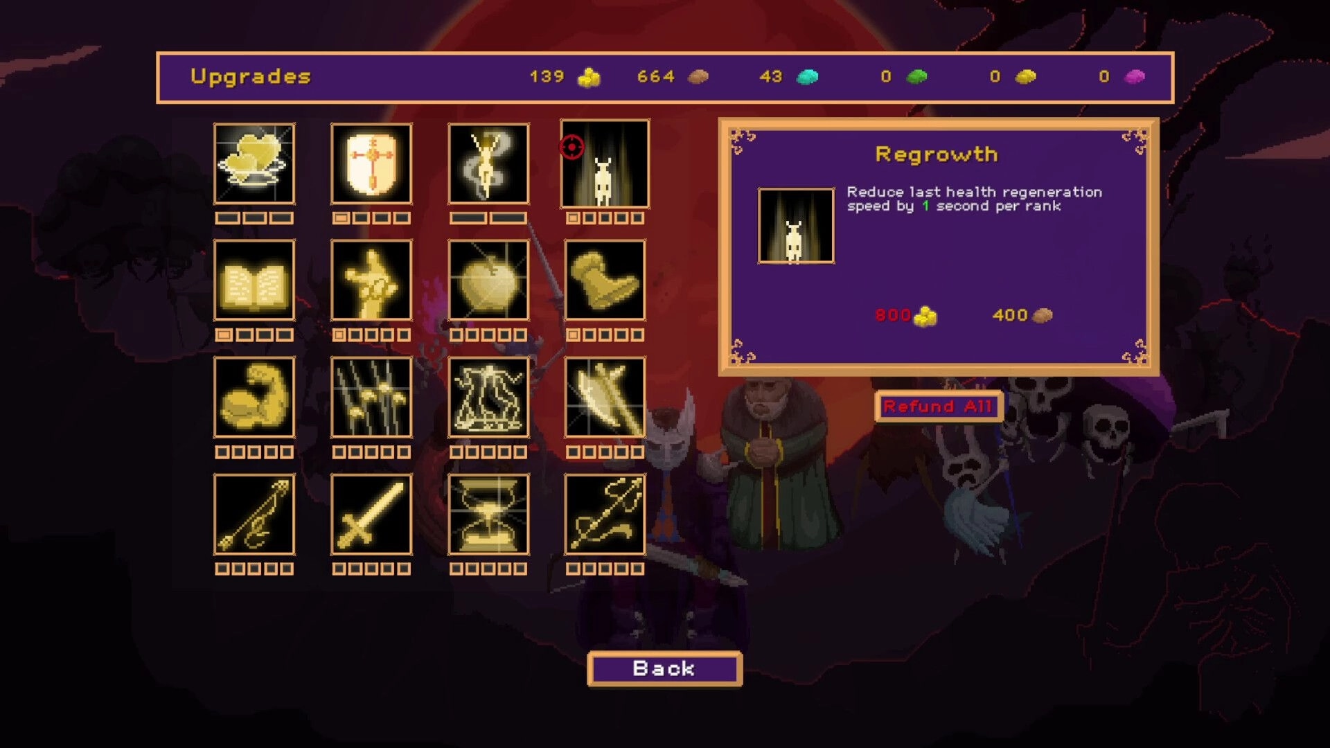 Bloodmoon Survivors: Upgrade menu with various skill icons, costs, and "Regrowth" ability details shown