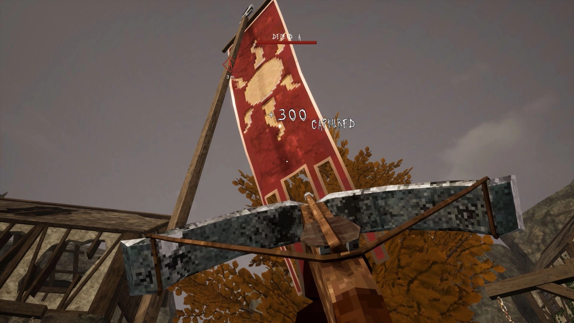 Bloodspill: Crossbow aimed at red capture banner with +300 captured UI in a medieval village courtyard.