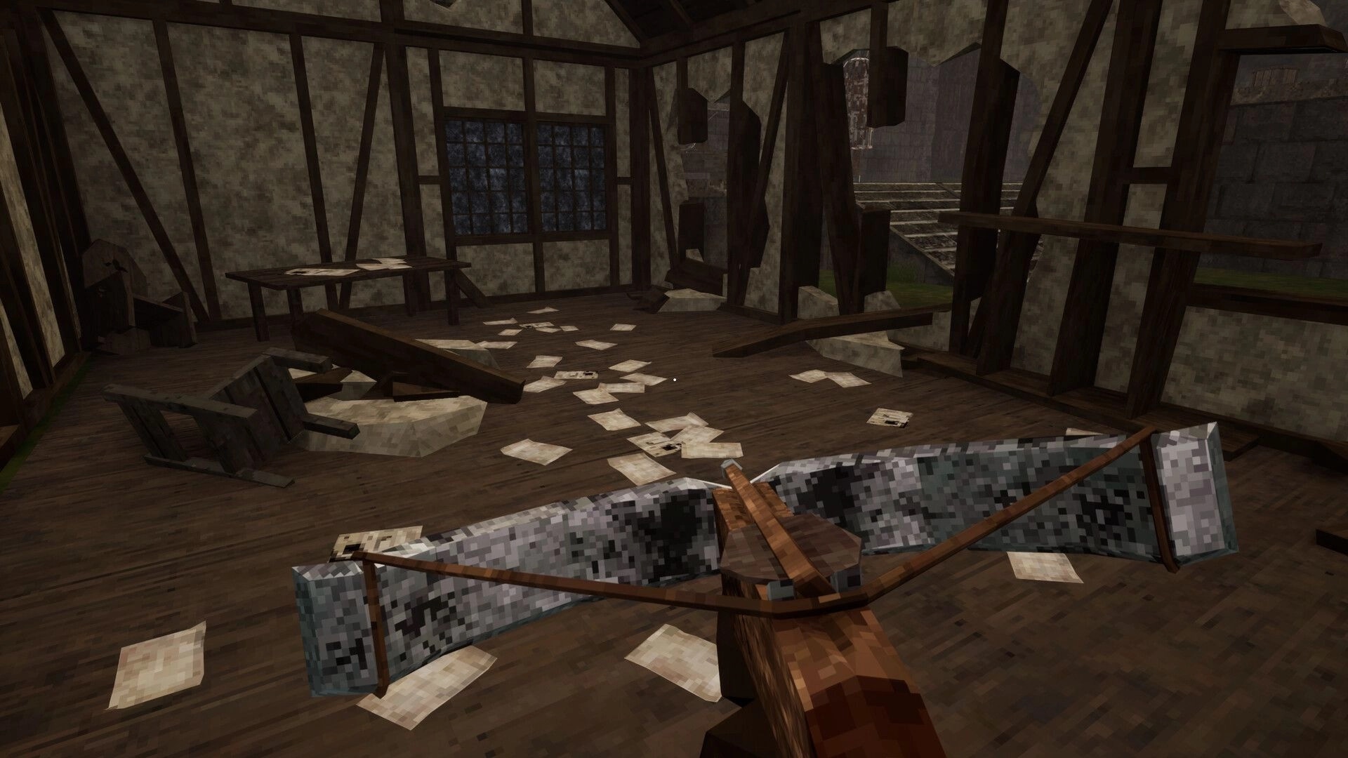 Bloodspill: First-person crossbow aimed inside a ruined wooden house with scattered papers and debris.