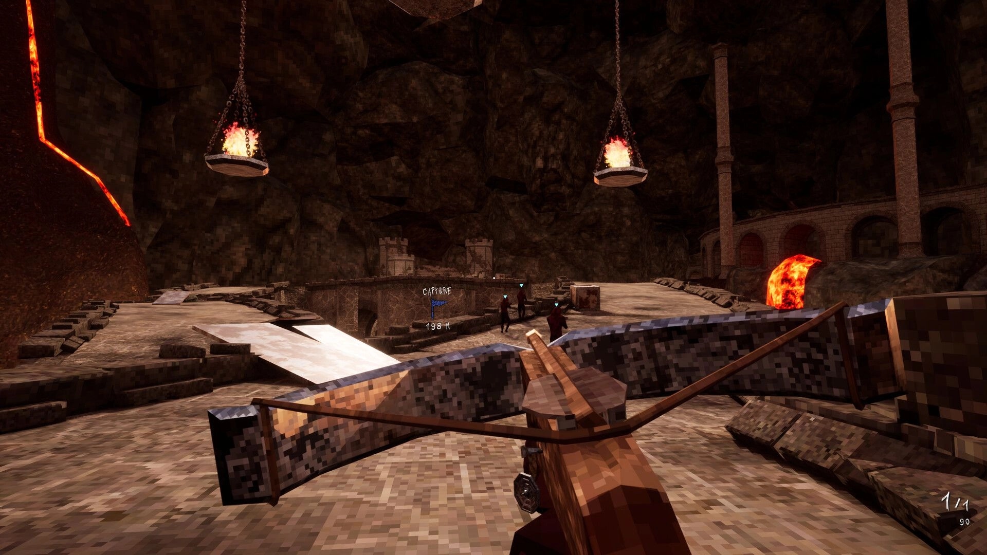 Bloodspill: Crossbow aimed at enemies near a Capture point in a lava cave arena with braziers.