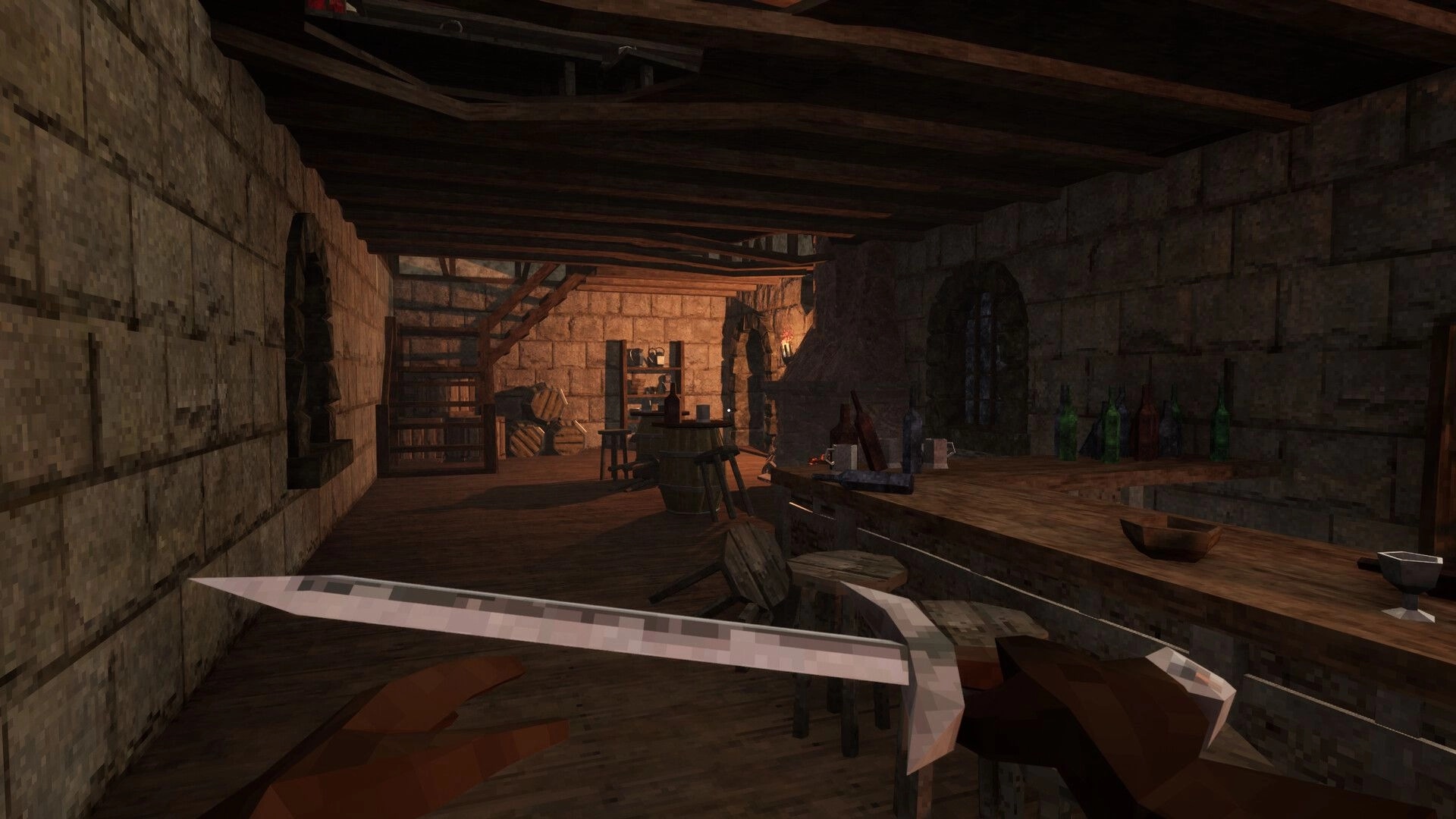 Bloodspill: First-person view holding a sword inside a dim stone tavern with bottles and tables.