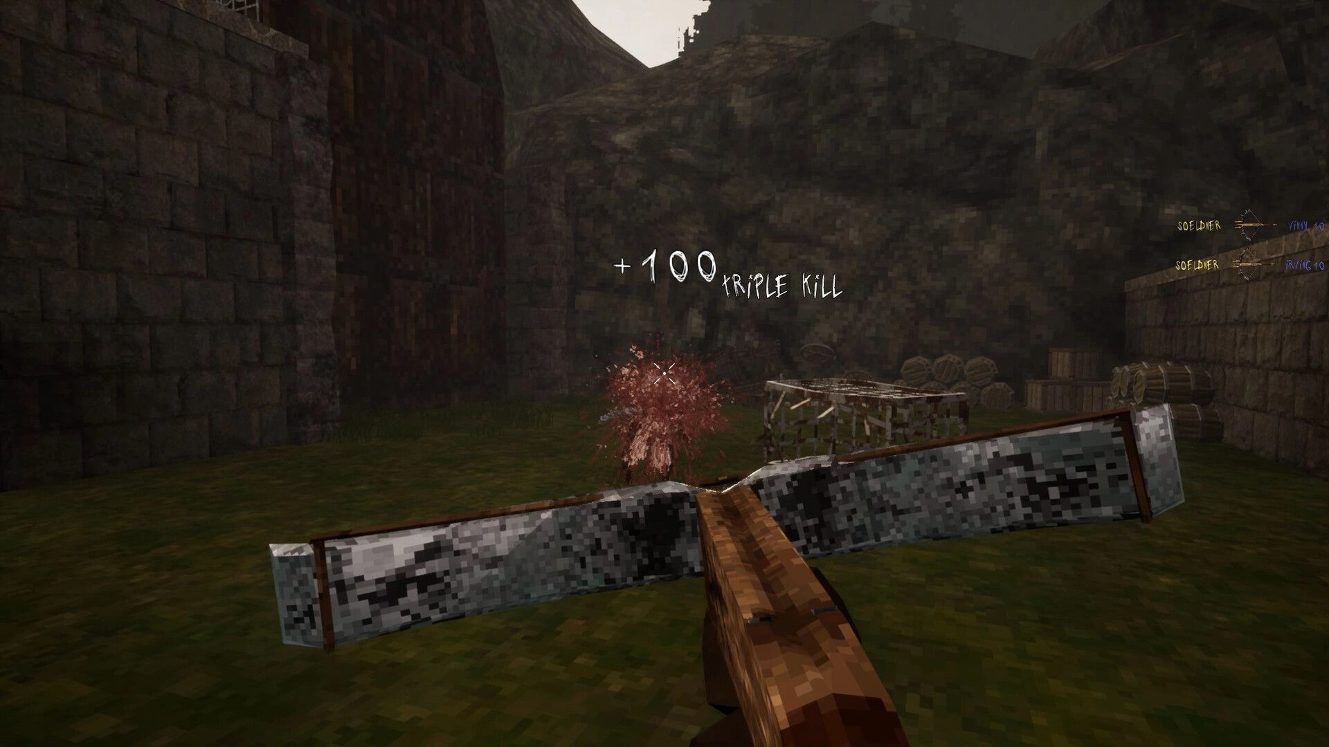Bloodspill: Crossbow shot lands with +100 TRIPLE KILL text in a stone courtyard with barrels HUD killfeed.