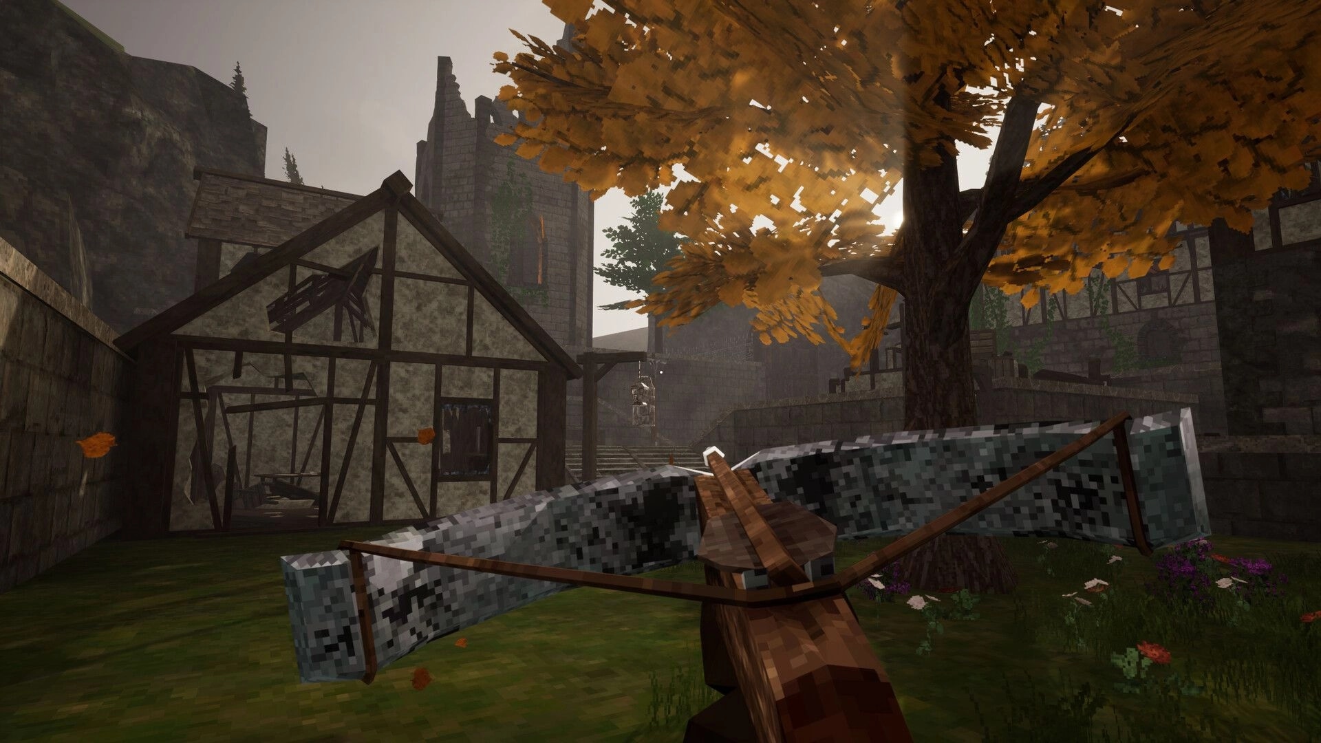 Bloodspill: First-person crossbow aimed at a ruined medieval village courtyard under an orange tree.