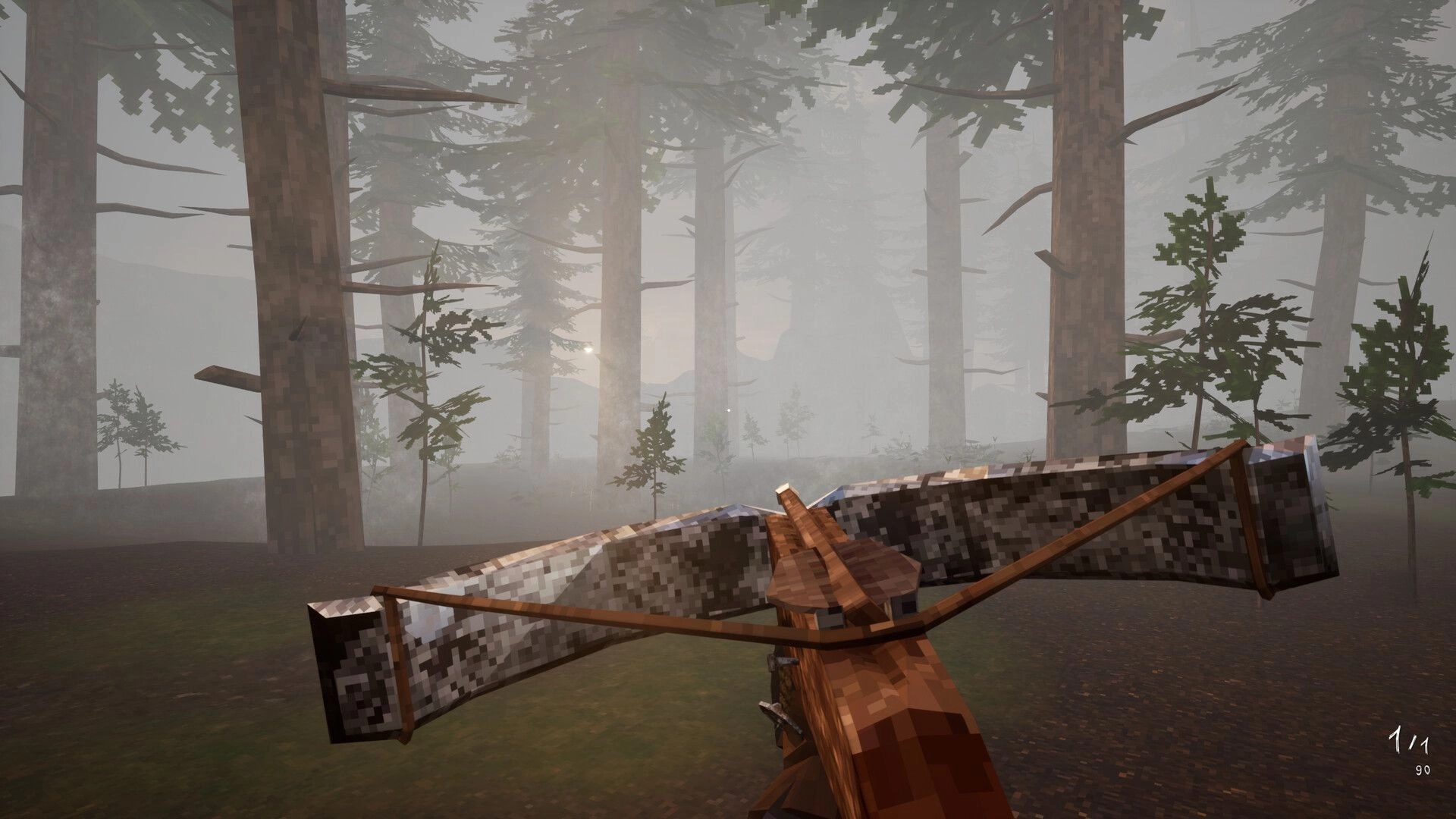 Bloodspill: First-person crossbow aim with 1/1 ammo HUD in a foggy pixelated pine forest.