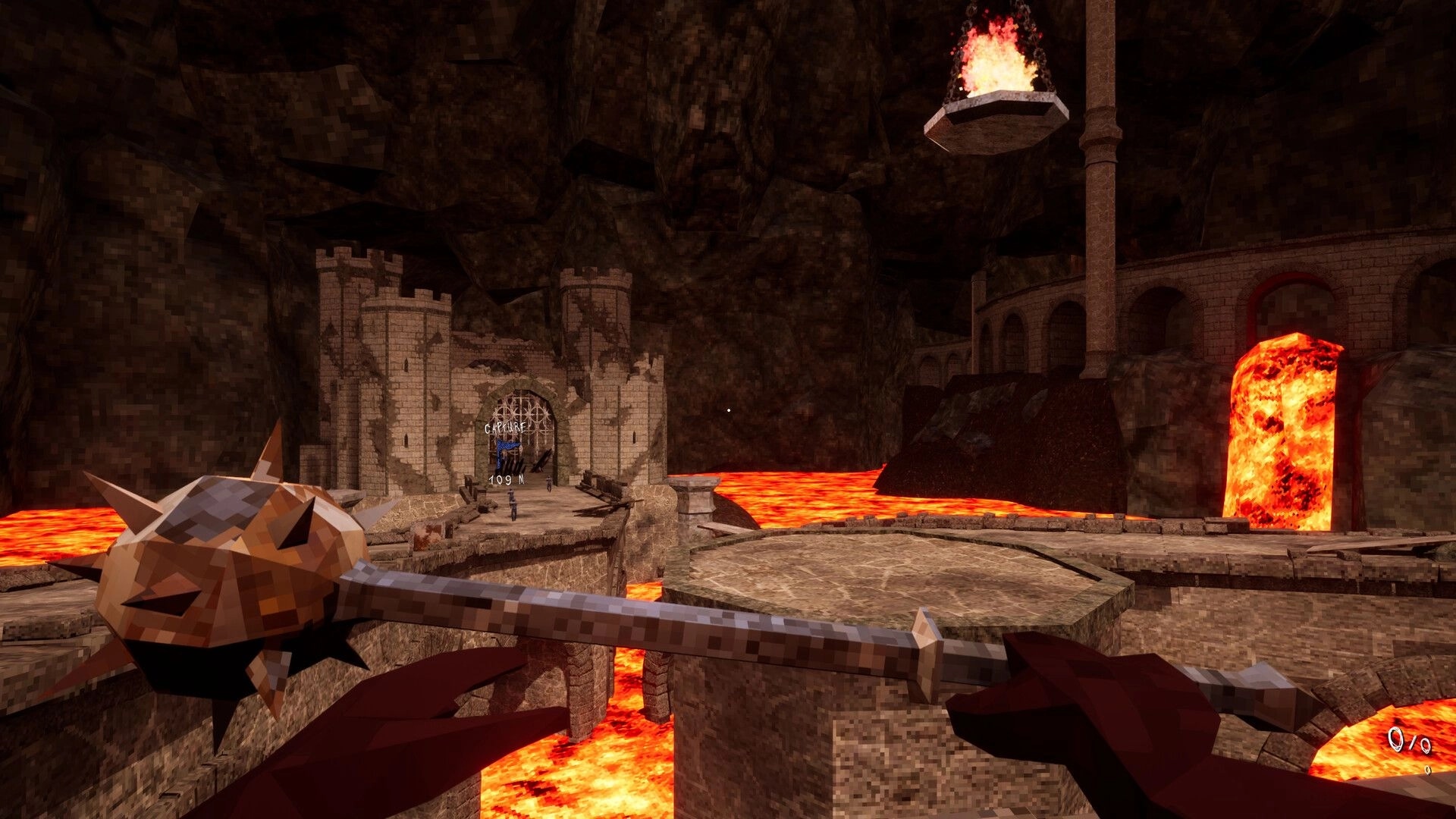 Bloodspill: First-person mace view facing castle gate objective across lava in cavern arena map.