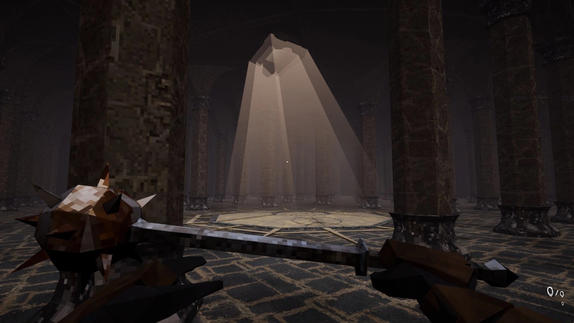 Bloodspill: First-person view holding a spiked mace in a foggy pillar hall with light beams overhead.