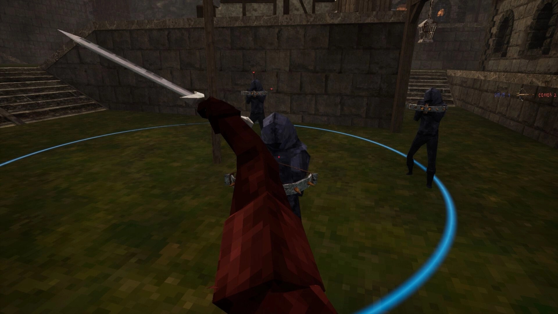 Bloodspill: First-person sword attack on hooded crossbow enemies in stone courtyard with score HUD.