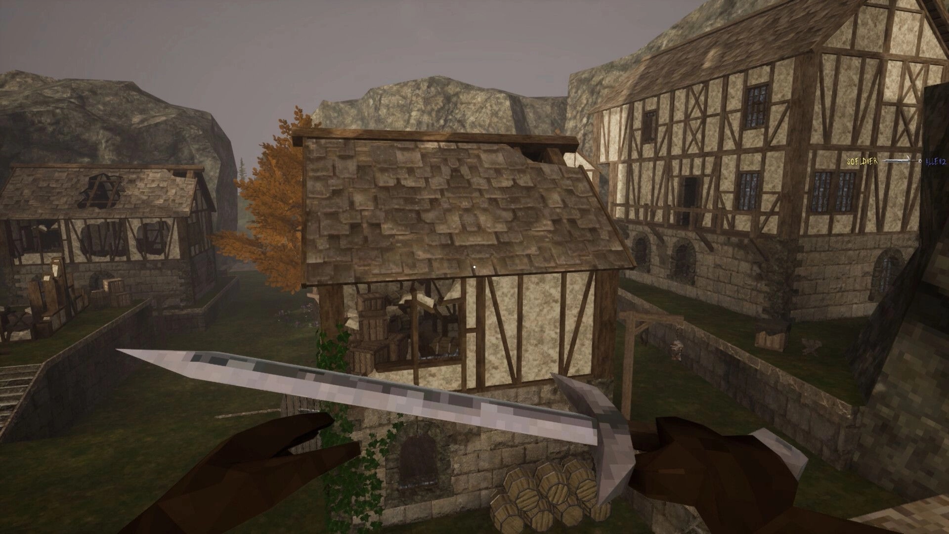 Bloodspill: First-person sword drawn overlooking timber village rooftops, kill feed at top right.