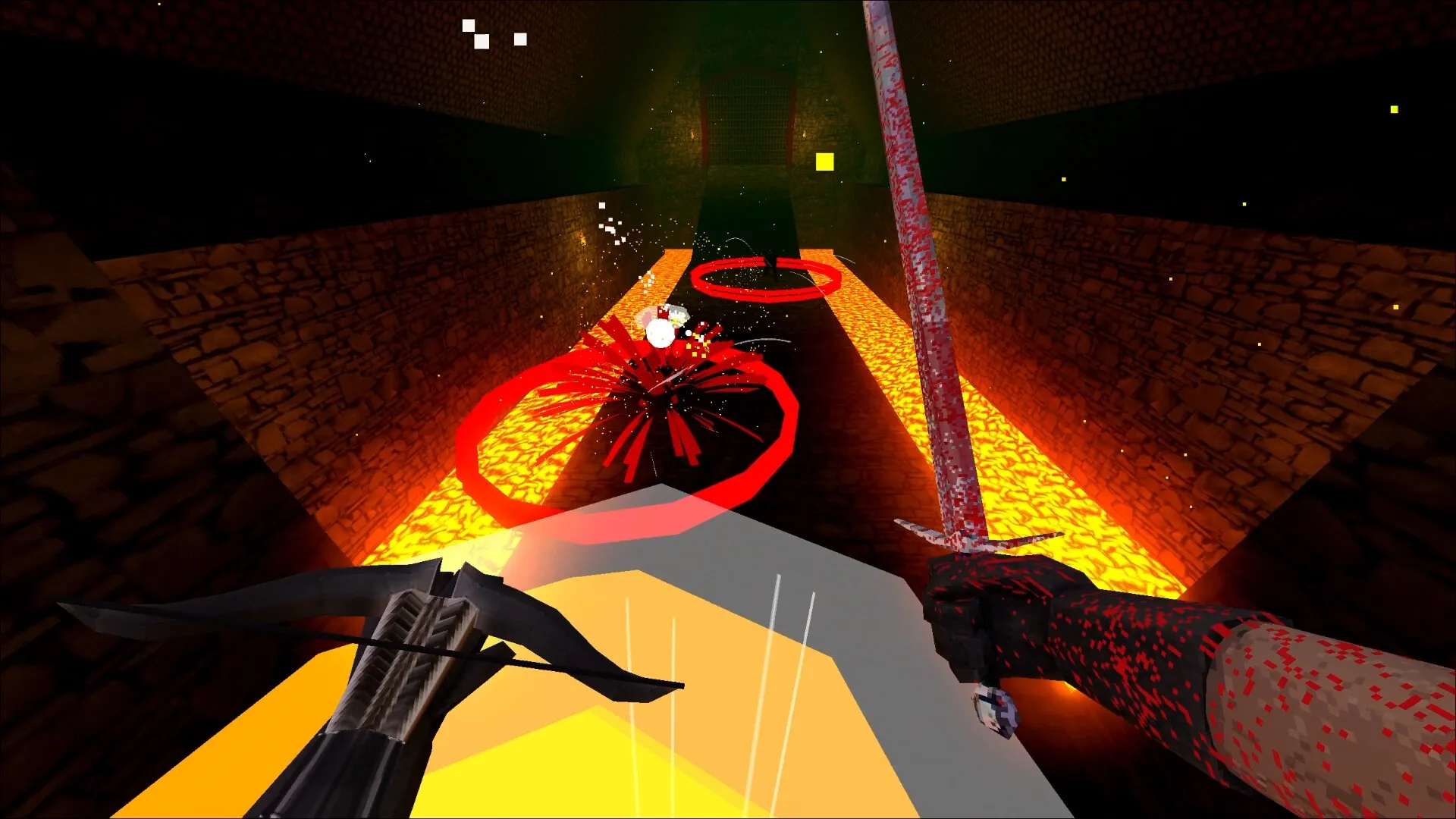 Bloodthief: First-person view with sword and crossbow in a lava-filled dungeon corridor