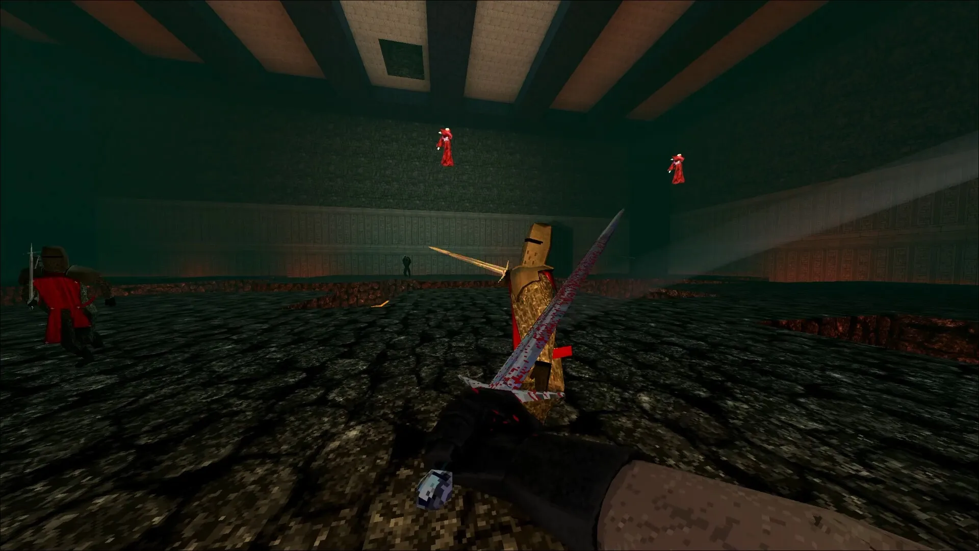 Bloodthief: First-person sword battle with armored enemies in a dark, medieval dungeon setting