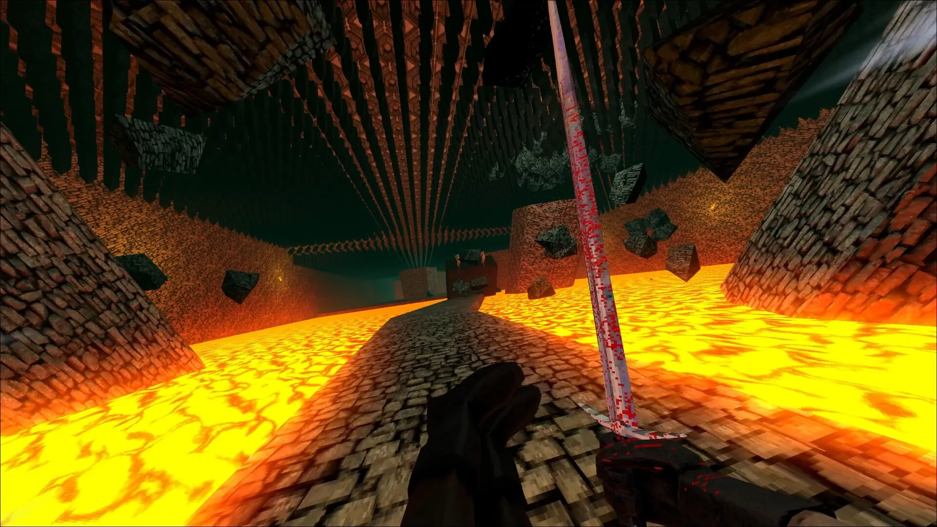 Bloodthief: First-person view with bloodied sword over lava river in dungeon environment