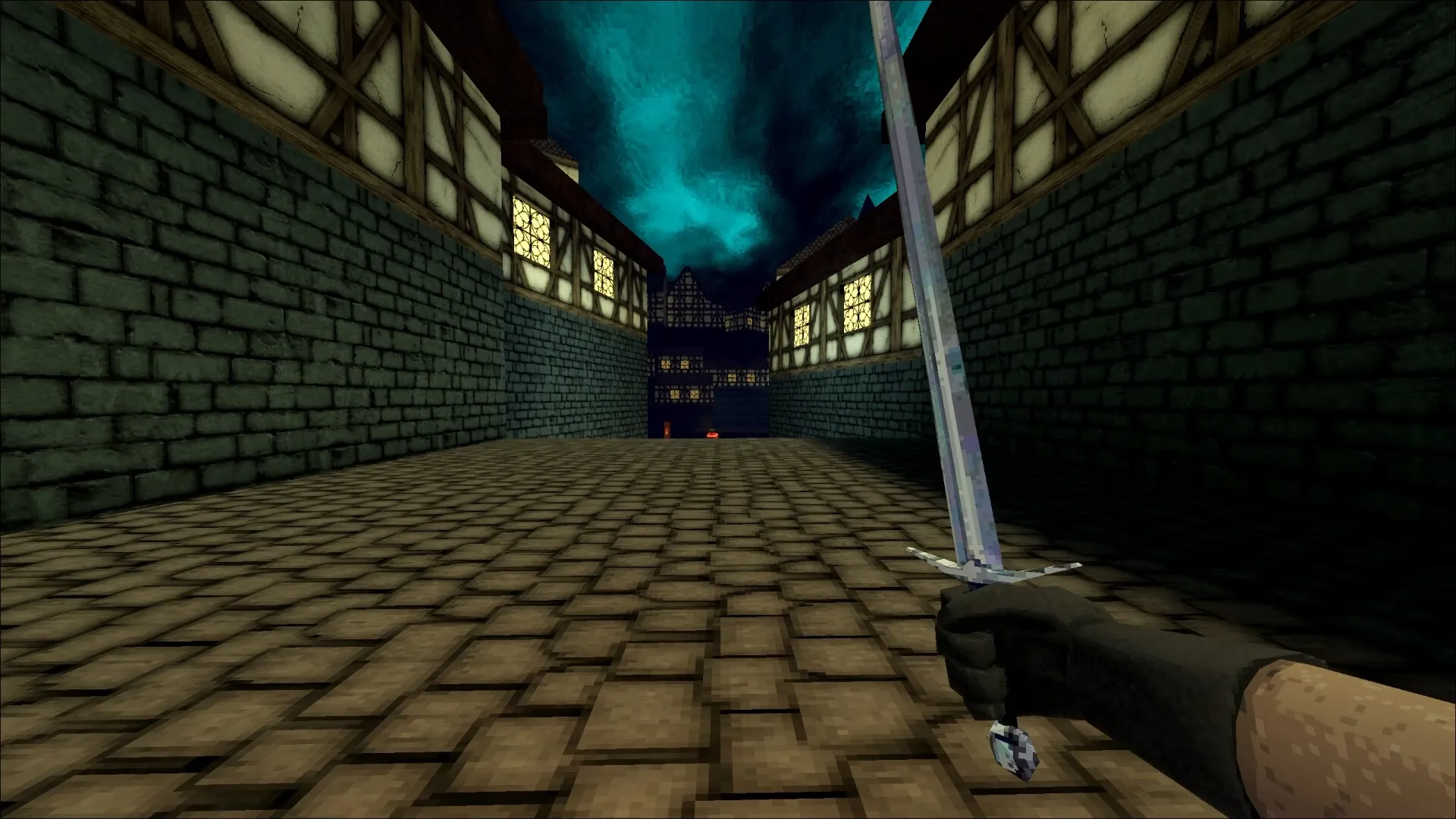 Bloodthief: First-person sword drawn in a medieval castle hallway with cobblestone path and glowing windows