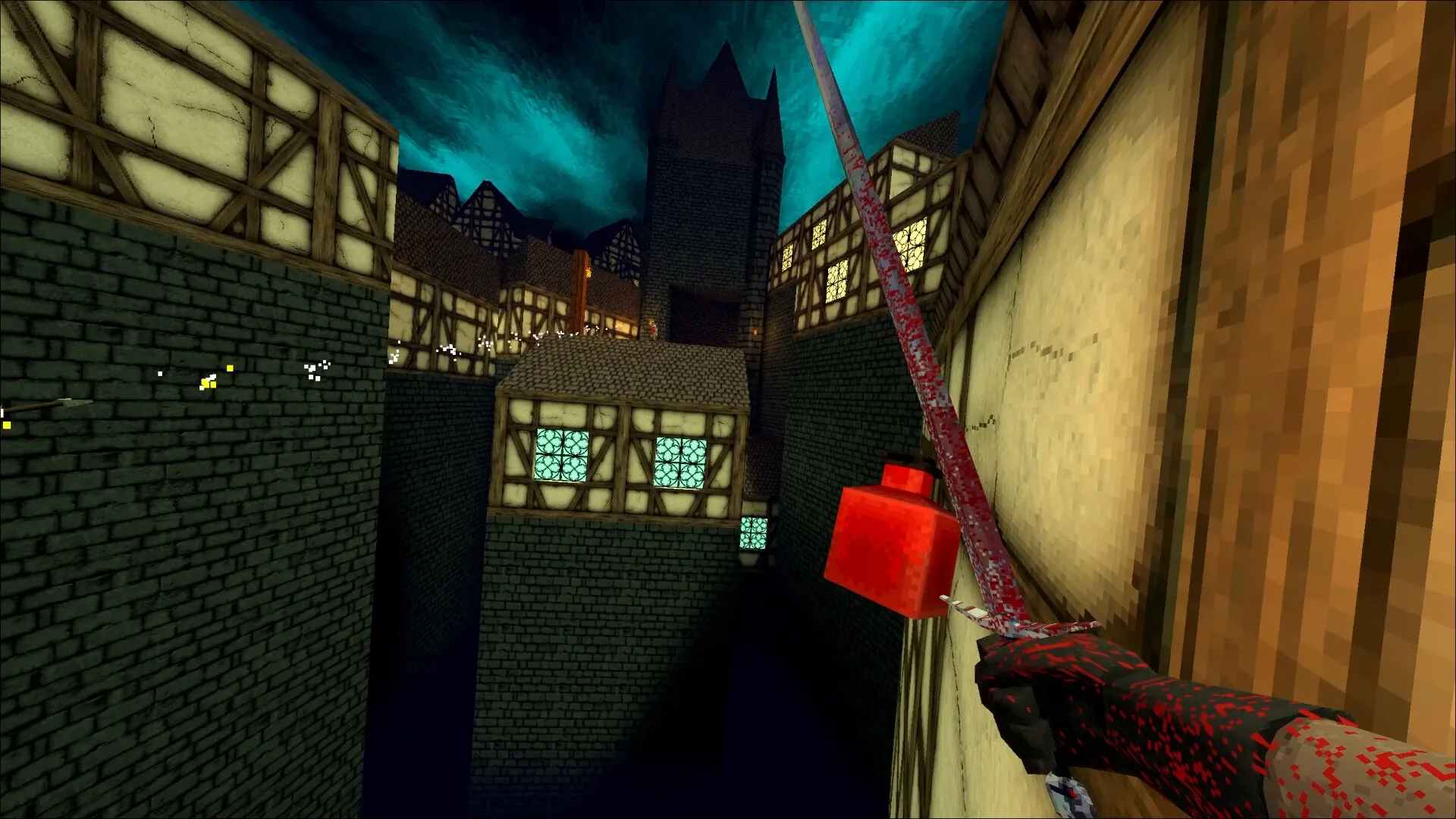Bloodthief: Sword-wielding character parkouring across medieval rooftops under a stormy night sky