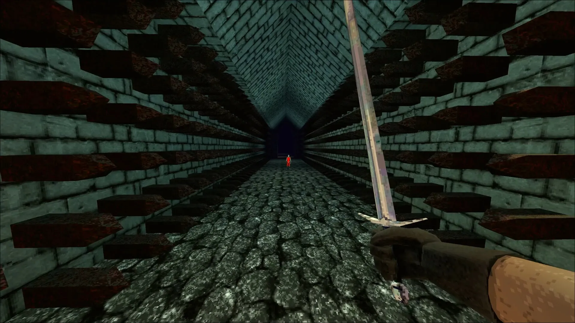 Bloodthief: First-person view of player wielding sword, navigating spiked dungeon corridor toward enemy.