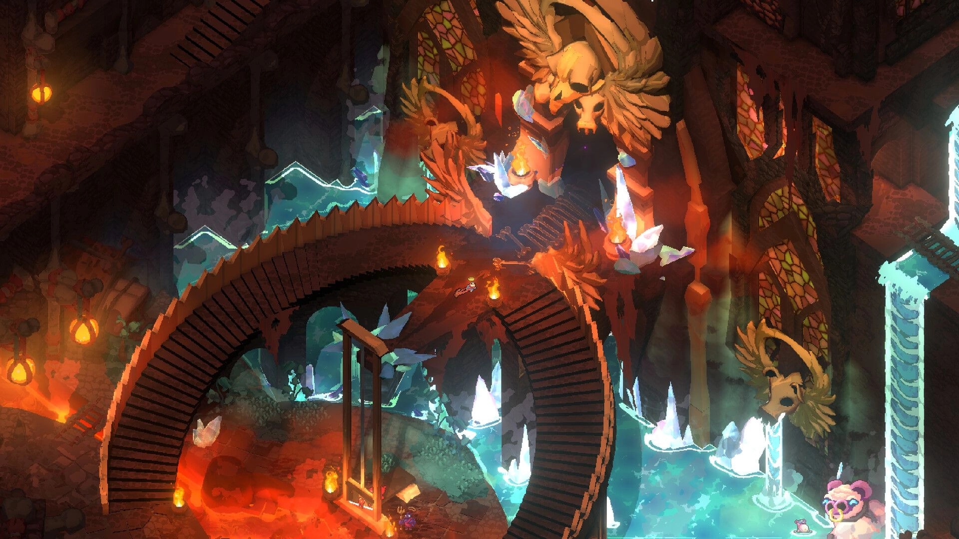BLOODY HELL 2: Tiny angel-birb runs a curved bridge past skull statues in fiery crystal cavern.