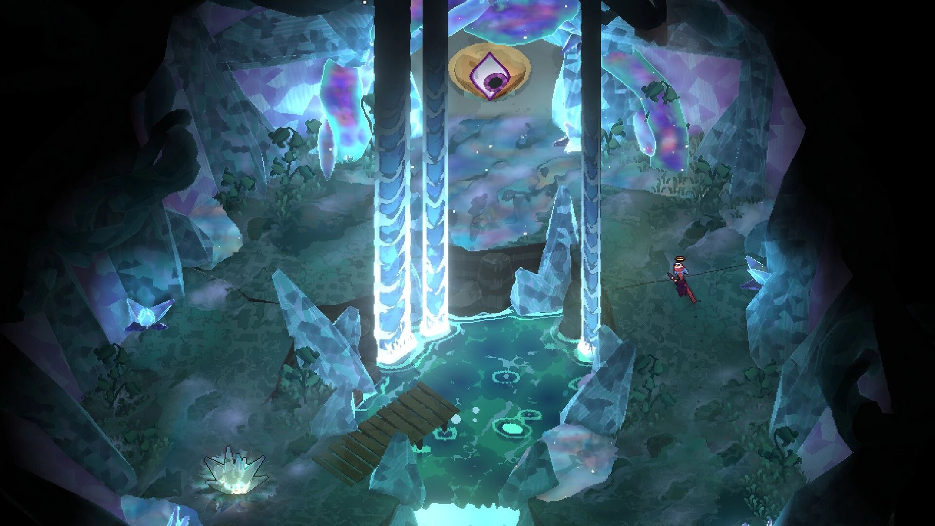 BLOODY HELL 2: Angelic birb hovers in a glowing crystal cavern with waterfalls, pond, and eye icon.